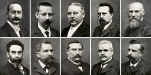 Mitglieder der Stadtverordnetenversammlung Charlottenburg 1884 bis 1920, (v. l. o.) Hirsch, Scharnberg, Mickler, Baake, Vogel, Dr. Zepler, Dörre, Liebe, Pasche, Sellin. Archiv BACW/VIZ