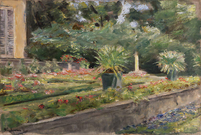 Max Liebermann, Die Blumenterrasse im Wannseegarten nach Nordwesten, 1915, Öl auf Leinwand, 50 x 75 cm, Max-Liebermann-Gesellschaft Berlin. Foto: Oliver Ziebe, Berlin