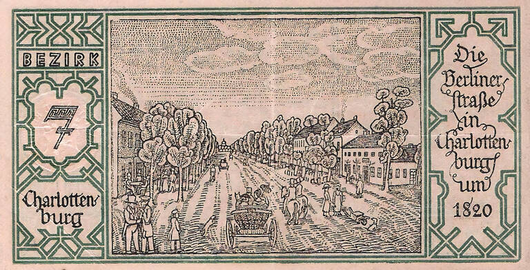 Vorder des 50-Pfennig-Stadtkassenscheinen für Charlottenburg mit „Die Berliner Straße in Charlottenburg um 1820“. Archiv: UlrichAAB / Wikimedia, CC BY 3.0, https://bit.ly/3siWdAl