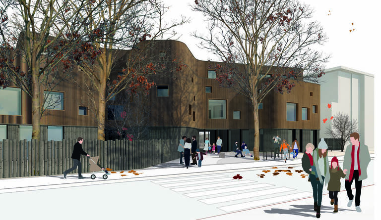 Der erstplatzierte Entwurf für die Kindertagesstätte am Ortlerweg.  Illustration: Kontext Architekten GmbH