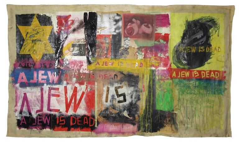 A Jew is Dead,1964, Farbe und Papiercollage auf Leinwand von Boris Lurie.  © Boris Lurie Art Foundation
