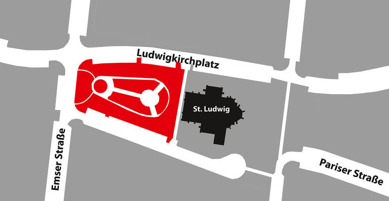 Der rot markierte Teil des Ludwigkirchplatzes ist abgesperrt. Plan: OpenStreetMap und Mitwirkende