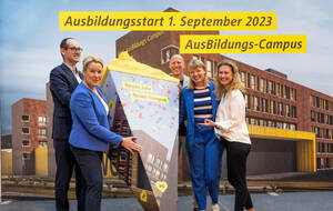 Neues Ausbildungsjahr, neuer Ausbildungs-Campus: Beim Start dabei Axel Eschment (ABC gGmbH), Senatorin Franziska Giffey, Timo Wille (ABC gGmbH), Personalvorständin Jenny Zeller und Maxi Evers. Foto: BVG, Andreas Süß