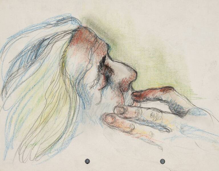Elfriede Lohse-Wächtler, Ohne Titel [Weibliche Kopfstudie mit Hand], um 1929, Bleistift und farbige Pastellkreiden auf Papier, Sammlung Prinzhorn Heidelberg. Ausgestellt im Brücke-Museum.
