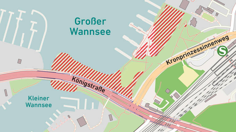 Die rot-schraffierten Bereiche sind Stand  Januar 2024 gesperrt. Map data © OpenStreetMap contributors