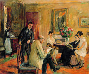 Max Liebermann, Der Künstler skizzierend im Kreise seiner Familie, 1925, Öl auf Leinwand.Stiftung Stadtmuseum Berlin
