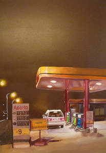 Tankstelle aperto, Öl auf Leinwand, 70 x 120 cm, Galerie Kunst Krämer.