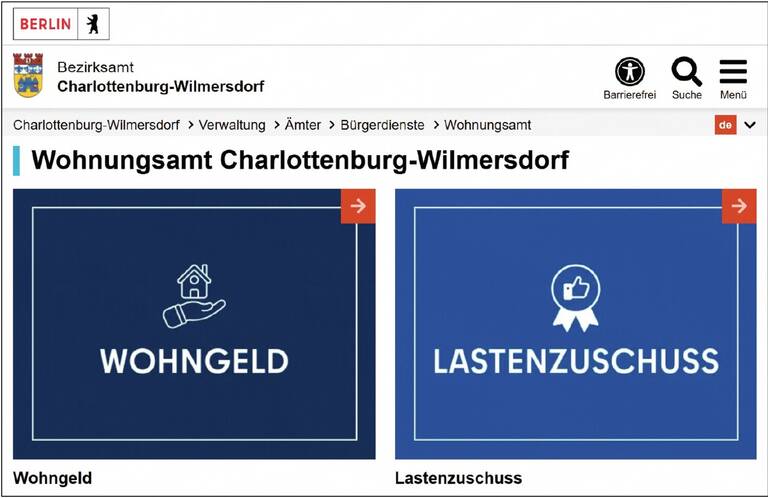 Die Webseite des Wohnungsamts mit Informationen zum Wohngeld findet man unter www.berlin.de/-ii196427.