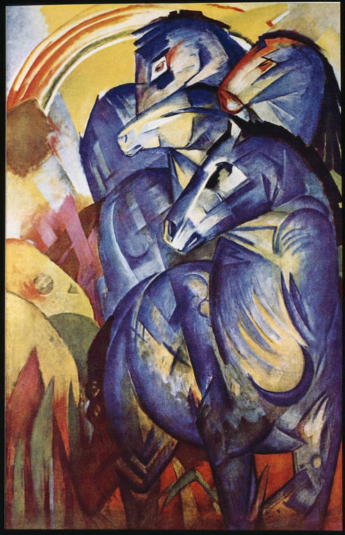 Franz Marc, Der Turm der blauen Pferde, 1913. Öl auf Leinwand, 200 x 130 cm, Nationalgalerie, Staatliche Museen zu Berlin, seit 1945 verschollen.