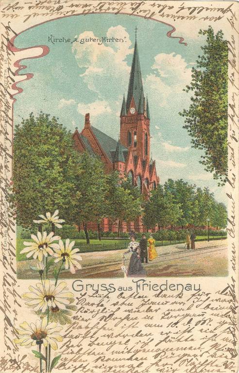 Kirche zum guten Hirten auf dem Friedrich-Wilhelm-Platz, Postkarte, gelaufen am 18. März 1902 von Friedenau nach Constantinopel. Archiv FBS