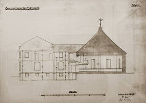 Bei der Vorbereitung zur Ausstellung wurde auch dieser nie verwirklichte Entwurf zum Anbau eines Gemeindehauses an die Alte Dorfkirche gefunden.