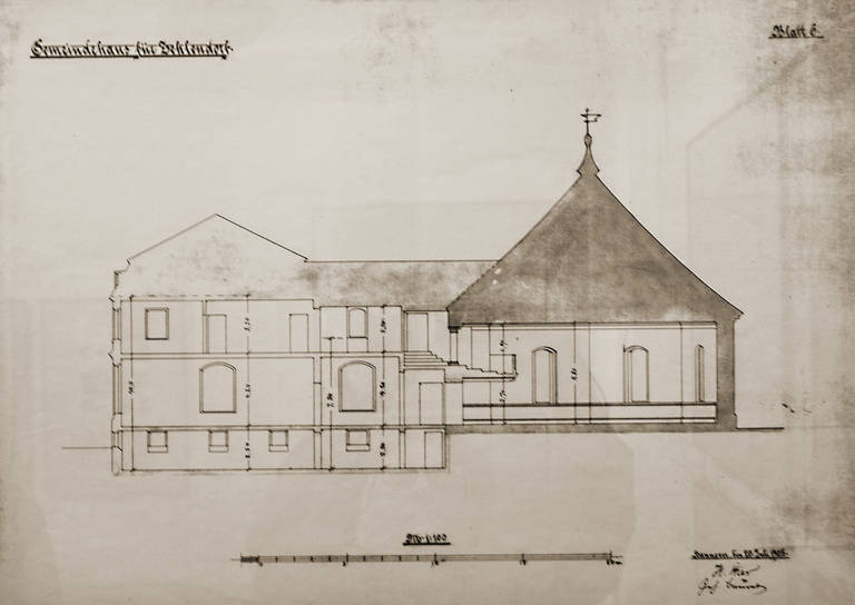 Bei der Vorbereitung zur Ausstellung wurde auch dieser nie verwirklichte Entwurf zum Anbau eines Gemeindehauses an die Alte Dorfkirche gefunden.