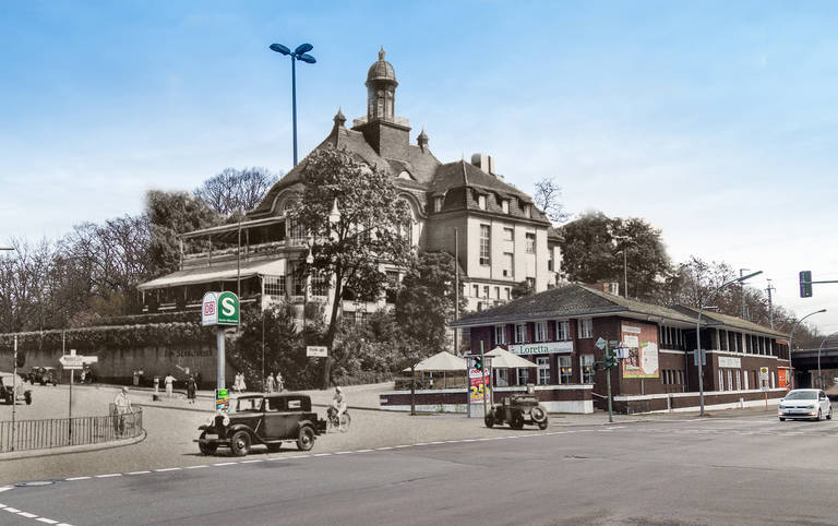 Wo früher der Kaiserpavillon „Zum Schultheiß“ und die Wannseeschänke waren, befindet sich heute das Restaurant Loretta und der angeschlossene Biergarten (Fotomontage).