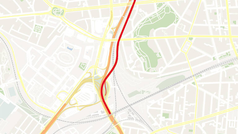 Die Sperrung der Stadtautobahn Richtung Norden (rot) wird einige Jahre bleiben. Kartenmaterial: OpenStreetMap contributors