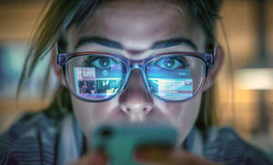 Junge Brillenträgerin am Smartphone. Foto: Kuratorium Gutes Sehen e.V.