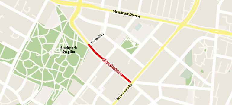 Die Albrechtstraße zwischen dem Stadtpark Steglitz und der Siemensstraße  wird saniert. Map data © OpenStreetMap contributors