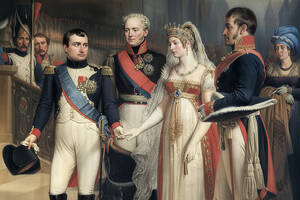 Empfang beim Frieden von Tilsit 1807: Napoleon, Alexander I. von Russland, Luise und Friedrich Wilhelm III. Gemälde von Nicolas Gosse.