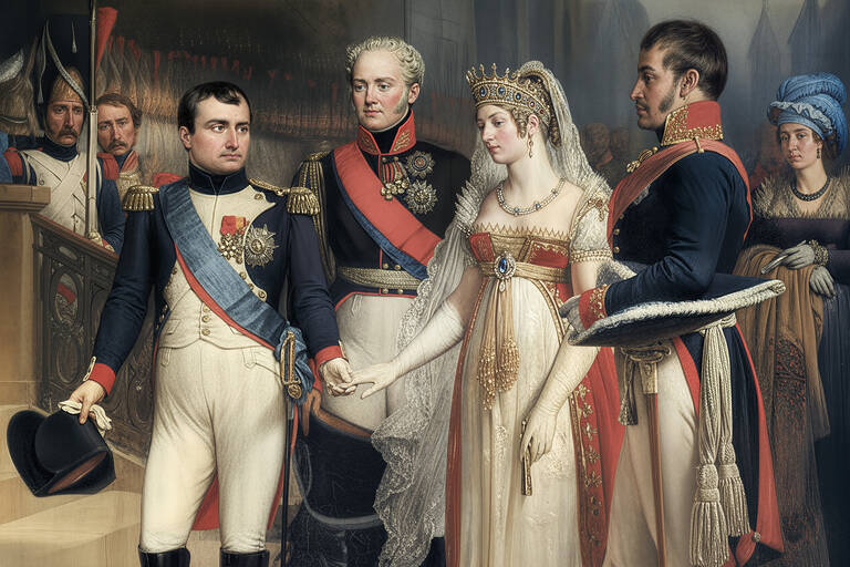 Empfang beim Frieden von Tilsit 1807: Napoleon, Alexander I. von Russland, Luise und Friedrich Wilhelm III. Gemälde von Nicolas Gosse.