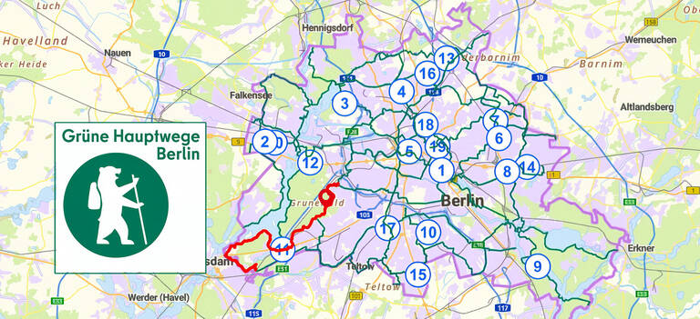 Die Stecken der 20 grüne Hauptwanderwege können unter www.berlin.de/-ii1090166 abgerufen werden. Grafik: Senatsverwaltung für Stadtentwicklung, Bauen und Wohnen