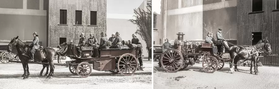Im 19. Jahrhundert rückte die Feuerwehr noch mit der Pferdekutschen aus.Archiv Foto Marburg / CC BY-SA 4.0