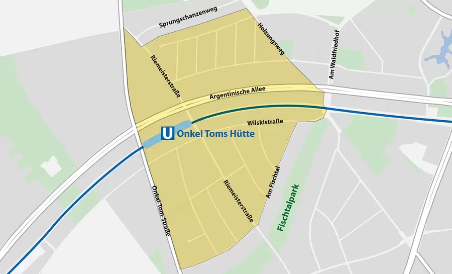 Waldsiedlung Krumme Lanke zwischen Sprungschanzenweg, Holzungsweg, Fischtalpark und Onkel-Tom-Straße. Map data © OpenStreetMap contributors