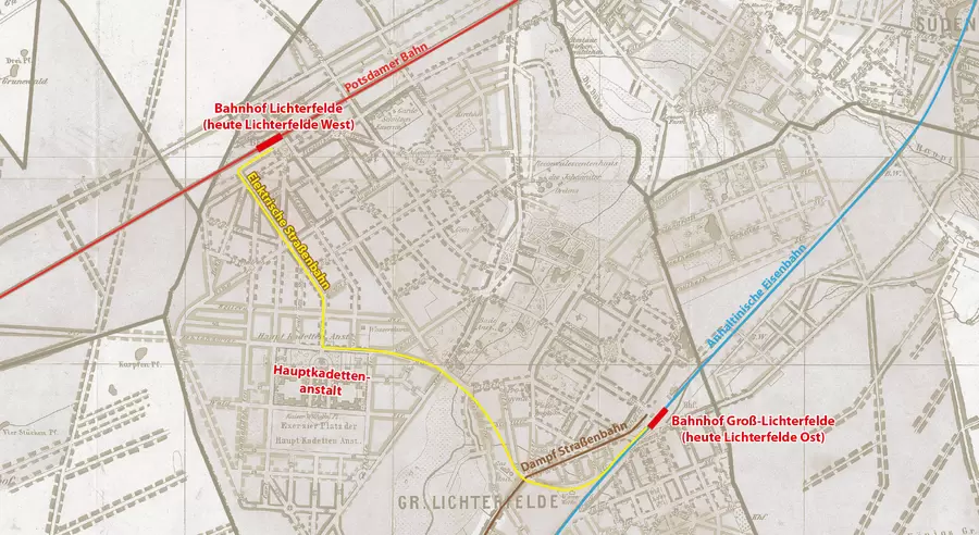 Im Plan von Groß-Lichterfelde um 1884 sind die zwei Eisenbahnlienien (Anhaltiner und Potsdamer Bahn), die dampfbetriebene Straßenbahn sowie die elektrische Straßenbahn verzeichnet.