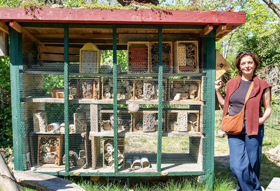 Karola Braun-Wanke, Koordinatorin und Dozentin an der FU Berlin, vor von Schülern erbautem Insektenhotel.