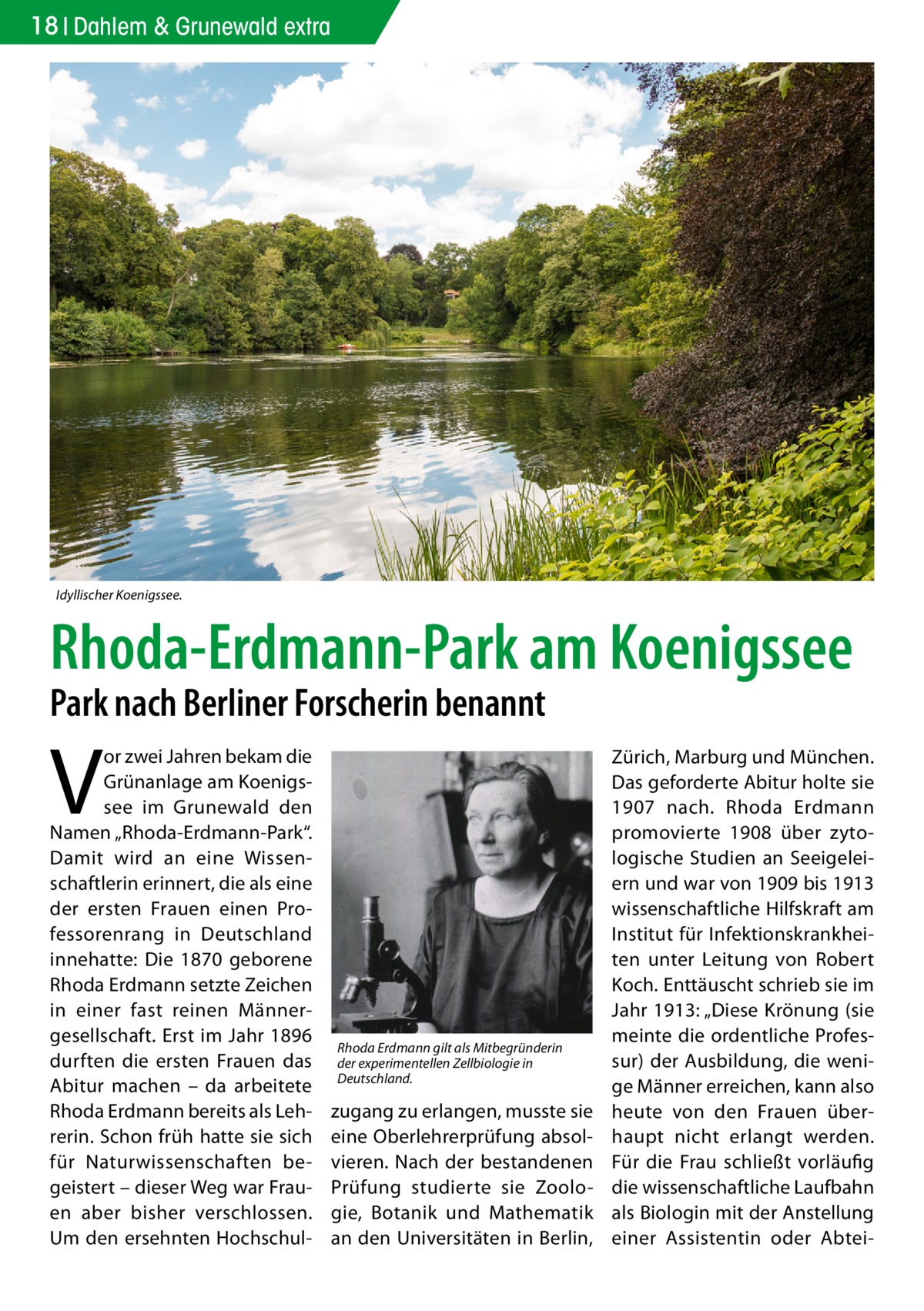 18 Dahlem & Grunewald extra  Idyllischer Koenigssee.  Rhoda-Erdmann-Park am Koenigssee Park nach Berliner Forscherin benannt  V  or zwei Jahren bekam die Grünanlage am Koenigssee im Grunewald den Namen „Rhoda-Erdmann-Park“. Damit wird an eine Wissenschaftlerin erinnert, die als eine der ersten Frauen einen Professorenrang in Deutschland innehatte: Die 1870 geborene Rhoda Erdmann setzte Zeichen in einer fast reinen Männergesellschaft. Erst im Jahr 1896 durften die ersten Frauen das Abitur machen – da arbeitete Rhoda Erdmann bereits als Lehrerin. Schon früh hatte sie sich für Naturwissenschaften begeistert – dieser Weg war Frauen aber bisher verschlossen. Um den ersehnten Hochschul Rhoda Erdmann gilt als Mitbegründerin der experimentellen Zellbiologie in Deutschland.  zugang zu erlangen, musste sie eine Oberlehrerprüfung absolvieren. Nach der bestandenen Prüfung studierte sie Zoologie, Botanik und Mathematik an den Universitäten in Berlin,  Zürich, Marburg und München. Das geforderte Abitur holte sie 1907 nach. Rhoda Erdmann promovierte 1908 über zytologische Studien an Seeigeleiern und war von 1909 bis 1913 wissenschaftliche Hilfskraft am Institut für Infektionskrankheiten unter Leitung von Robert Koch. Enttäuscht schrieb sie im Jahr 1913: „Diese Krönung (sie meinte die ordentliche Professur) der Ausbildung, die wenige Männer erreichen, kann also heute von den Frauen überhaupt nicht erlangt werden. Für die Frau schließt vorläufig die wissenschaftliche Laufbahn als Biologin mit der Anstellung einer Assistentin oder Abte