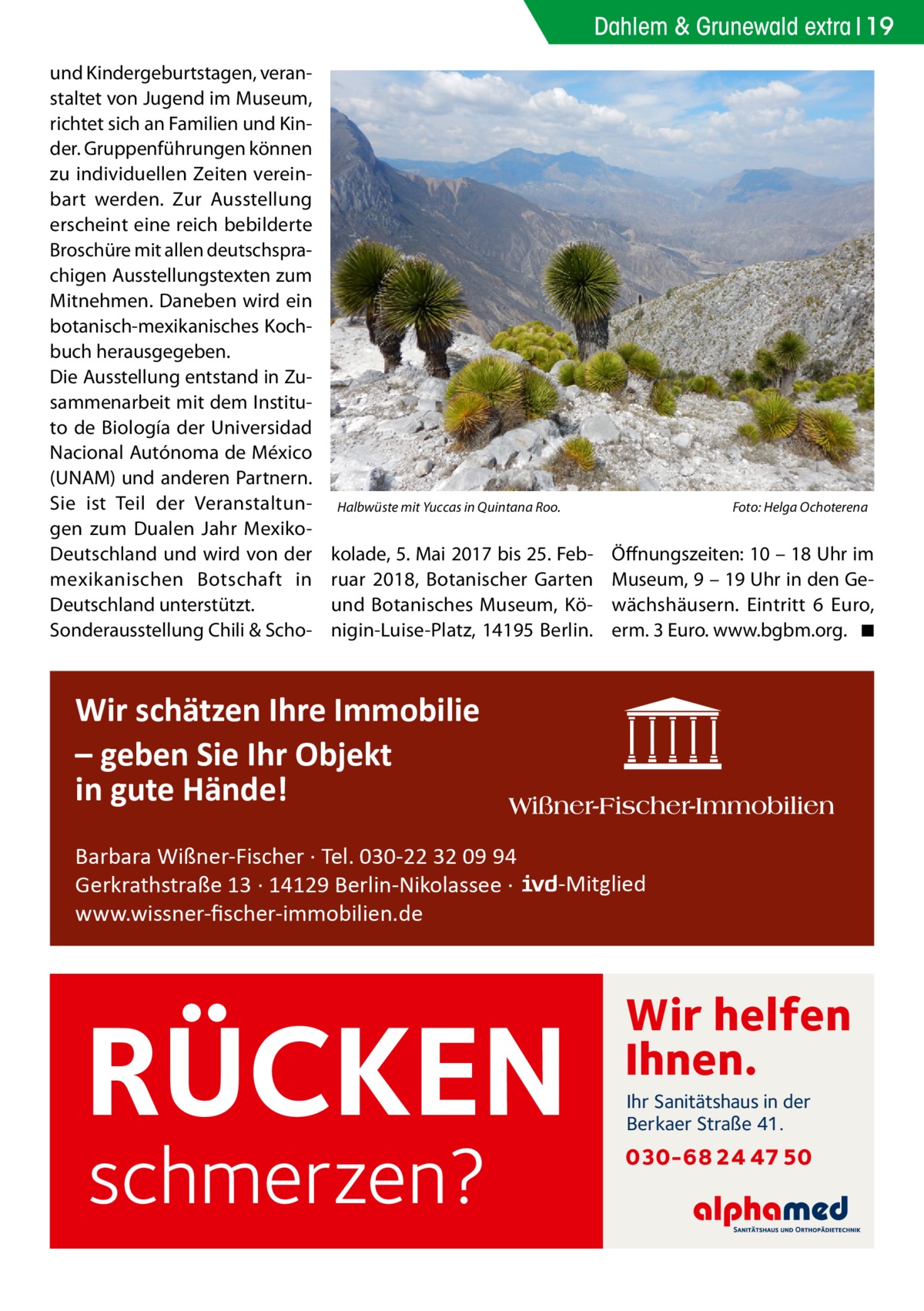 Dahlem & Grunewald extra 19 und Kindergeburtstagen, veranstaltet von Jugend im Museum, richtet sich an Familien und Kinder. Gruppenführungen können zu individuellen Zeiten vereinbart werden. Zur Ausstellung erscheint eine reich bebilderte Broschüre mit allen deutschsprachigen Ausstellungstexten zum Mitnehmen. Daneben wird ein botanisch-mexikanisches Kochbuch herausgegeben. Die Ausstellung entstand in Zusammenarbeit mit dem Instituto de Biología der Universidad Nacional Autónoma de México (UNAM) und anderen Partnern. Sie ist Teil der Veranstaltungen zum Dualen Jahr MexikoDeutschland und wird von der mexikanischen Botschaft in Deutschland unterstützt. Sonderausstellung Chili & Scho Halbwüste mit Yuccas in Quintana Roo. �  kolade, 5. Mai 2017 bis 25. Februar 2018, Botanischer Garten und Botanisches Museum, Königin-Luise-Platz, 14195 Berlin.  Foto: Helga Ochoterena  Öffnungszeiten: 10 – 18 Uhr im Museum, 9 – 19 Uhr in den Gewächshäusern. Eintritt 6  Euro, erm. 3 Euro. www.bgbm.org.� ◾  Wir schätzen Ihre Immobilie – geben Sie Ihr Objekt in gute Hände! Barbara Wißner-Fischer · Tel. 030-22 32 09 94 Gerkrathstraße 13 · 14129 Berlin-Nikolassee · www.wissner-ﬁscher-immobilien.de  -Mitglied  RÜCKEN schmerzen?  Wir helfen Ihnen. Ihr Sanitätshaus in der Berkaer Straße 41.  030-68 24 47 50