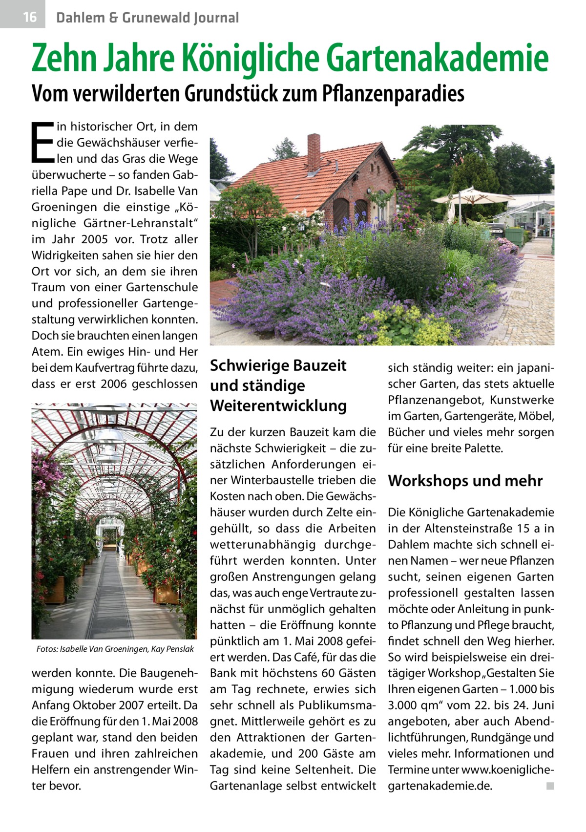 16  Dahlem & Grunewald Journal  Zehn Jahre Königliche Gartenakademie Vom verwilderten Grundstück zum Pflanzenparadies  E  in historischer Ort, in dem die Gewächshäuser verfielen und das Gras die Wege überwucherte – so fanden Gabriella Pape und Dr. Isabelle Van Groeningen die einstige „Königliche Gärtner-Lehranstalt“ im Jahr  2005 vor. Trotz aller Widrigkeiten sahen sie hier den Ort vor sich, an dem sie ihren Traum von einer Gartenschule und professioneller Gartengestaltung verwirklichen konnten. Doch sie brauchten einen langen Atem. Ein ewiges Hin- und Her bei dem Kaufvertrag führte dazu, dass er erst 2006 geschlossen  �Fotos: Isabelle Van Groeningen, Kay Penslak  werden konnte. Die Baugenehmigung wiederum wurde erst Anfang Oktober 2007 erteilt. Da die Eröffnung für den 1. Mai 2008 geplant war, stand den beiden Frauen und ihren zahlreichen Helfern ein anstrengender Winter bevor.  Schwierige Bauzeit und ständige Weiterentwicklung  sich ständig weiter: ein japanischer Garten, das stets aktuelle Pflanzenangebot, Kunstwerke im Garten, Gartengeräte, Möbel, Zu der kurzen Bauzeit kam die Bücher und vieles mehr sorgen nächste Schwierigkeit – die zu- für eine breite Palette. sätzlichen Anforderungen einer Winterbaustelle trieben die Workshops und mehr Kosten nach oben. Die Gewächshäuser wurden durch Zelte ein- Die Königliche Gartenakademie gehüllt, so dass die Arbeiten in der Altensteinstraße  15 a in wetterunabhängig durchge- Dahlem machte sich schnell eiführt werden konnten. Unter nen Namen – wer neue Pflanzen großen Anstrengungen gelang sucht, seinen eigenen Garten das, was auch enge Vertraute zu- professionell gestalten lassen nächst für unmöglich gehalten möchte oder Anleitung in punkhatten – die Eröffnung konnte to Pflanzung und Pflege braucht, pünktlich am 1. Mai 2008 gefei- findet schnell den Weg hierher. ert werden. Das Café, für das die So wird beispielsweise ein dreiBank mit höchstens 60 Gästen tägiger Workshop „Gestalten Sie am Tag rechnete, erwies sich Ihren eigenen Garten – 1.000 bis sehr schnell als Publikumsma- 3.000 qm“ vom 22. bis 24. Juni gnet. Mittlerweile gehört es zu angeboten, aber auch Abendden Attraktionen der Garten­ lichtführungen, Rundgänge und akademie, und 200  Gäste am vieles mehr. Informationen und Tag sind keine Seltenheit. Die Termine unter www.­koeniglicheGartenanlage selbst entwickelt gartenakademie.de. � ◾