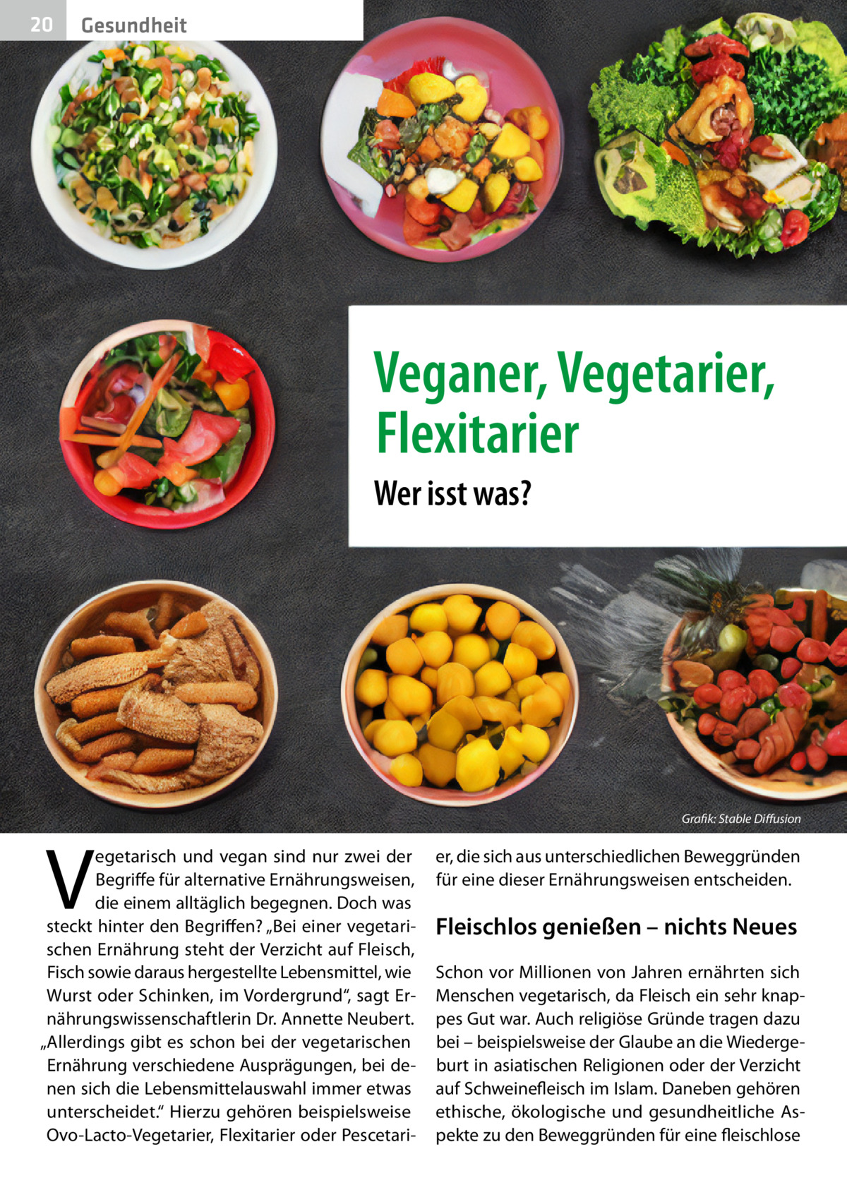 20  Gesundheit  Veganer, Vegetarier, Flexitarier Wer isst was?  V  egetarisch und vegan sind nur zwei der Begriffe für alternative Ernährungsweisen, die einem alltäglich begegnen. Doch was steckt hinter den Begriffen? „Bei einer vegetarischen Ernährung steht der Verzicht auf Fleisch, Fisch sowie daraus hergestellte Lebensmittel, wie Wurst oder Schinken, im Vordergrund“, sagt Ernährungswissenschaftlerin Dr. Annette Neubert. „Allerdings gibt es schon bei der vegetarischen Ernährung verschiedene Ausprägungen, bei denen sich die Lebensmittelauswahl immer etwas unterscheidet.“ Hierzu gehören beispielsweise Ovo-Lacto-Vegetarier, Flexitarier oder Pescetari Grafik: Stable Diffusion  er, die sich aus unterschiedlichen Beweggründen für eine dieser Ernährungsweisen entscheiden.  Fleischlos genießen – nichts Neues Schon vor Millionen von Jahren ernährten sich Menschen vegetarisch, da Fleisch ein sehr knappes Gut war. Auch religiöse Gründe tragen dazu bei – beispielsweise der Glaube an die Wiedergeburt in asiatischen Religionen oder der Verzicht auf Schweinefleisch im Islam. Daneben gehören ethische, ökologische und gesundheitliche Aspekte zu den Beweggründen für eine fleischlose