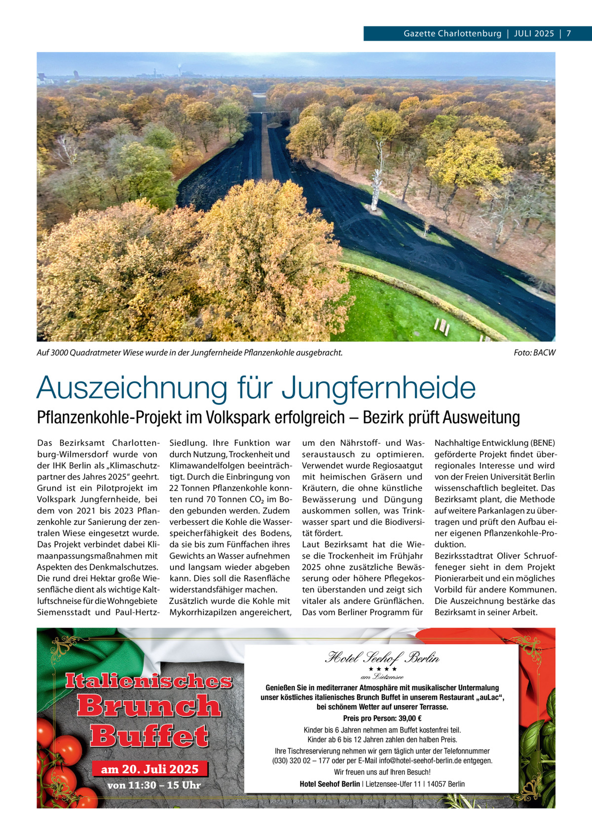 Gazette Charlottenburg  |  Juli 2025  |  7  Auf 3000 Quadratmeter Wiese wurde in der Jungfernheide Pflanzenkohle ausgebracht.�  Foto: BACW  Auszeichnung für Jungfernheide Pflanzenkohle-Projekt im Volkspark erfolgreich – Bezirk prüft Ausweitung Das Bezirksamt Charlottenburg-Wilmersdorf wurde von der IHK Berlin als „Klimaschutzpartner des Jahres 2025“ geehrt. Grund ist ein Pilotprojekt im Volkspark Jungfernheide, bei dem von 2021 bis 2023 Pflanzenkohle zur Sanierung der zentralen Wiese eingesetzt wurde. Das Projekt verbindet dabei Klimaanpassungsmaßnahmen mit Aspekten des Denkmalschutzes. Die rund drei Hektar große Wiesenfläche dient als wichtige Kaltluftschneise für die Wohngebiete Siemensstadt und Paul-Hertz Siedlung. Ihre Funktion war durch Nutzung, Trockenheit und Klimawandelfolgen beeinträchtigt. Durch die Einbringung von 22 Tonnen Pflanzenkohle konnten rund 70 Tonnen CO₂ im Boden gebunden werden. Zudem verbessert die Kohle die Wasserspeicherfähigkeit des Bodens, da sie bis zum Fünffachen ihres Gewichts an Wasser aufnehmen und langsam wieder abgeben kann. Dies soll die Rasenfläche widerstandsfähiger machen. Zusätzlich wurde die Kohle mit Mykorrhizapilzen angereichert,  am 20. Juli 2025 von 11:30 – 15 Uhr  um den Nährstoff- und Wasseraustausch zu optimieren. Verwendet wurde Regiosaatgut mit heimischen Gräsern und Kräutern, die ohne künstliche Bewässerung und Düngung auskommen sollen, was Trinkwasser spart und die Biodiversität fördert. Laut Bezirksamt hat die Wiese die Trockenheit im Frühjahr 2025 ohne zusätzliche Bewässerung oder höhere Pflegekosten überstanden und zeigt sich vitaler als andere Grünflächen. Das vom Berliner Programm für  Nachhaltige Entwicklung (BENE) geförderte Projekt findet überregionales Interesse und wird von der Freien Universität Berlin wissenschaftlich begleitet. Das Bezirksamt plant, die Methode auf weitere Parkanlagen zu übertragen und prüft den Aufbau einer eigenen Pflanzenkohle-Produktion. Bezirksstadtrat Oliver Schruoffeneger sieht in dem Projekt Pionierarbeit und ein mögliches Vorbild für andere Kommunen. Die Auszeichnung bestärke das Bezirksamt in seiner Arbeit.  Genießen Sie in mediterraner Atmosphäre mit musikalischer Untermalung unser köstliches italienisches Brunch Buffet in unserem Restaurant „auLac“, bei schönem Wetter auf unserer Terrasse. Preis pro Person: 39,00 € Kinder bis 6 Jahren nehmen am Buffet kostenfrei teil. Kinder ab 6 bis 12 Jahren zahlen den halben Preis. Ihre Tischreservierung nehmen wir gern täglich unter der Telefonnummer (030) 320 02 – 177 oder per E-Mail info@hotel-seehof-berlin.de entgegen. Wir freuen uns auf Ihren Besuch! Hotel Seehof Berlin | Lietzensee-Ufer 11 | 14057 Berlin