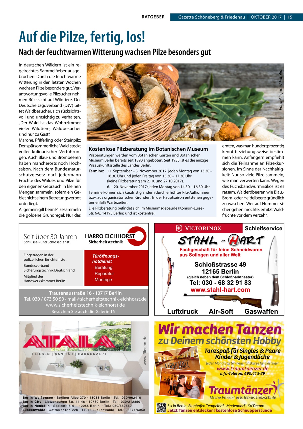 RATGEBER  Gazette Schöneberg & Friedenau  |  Oktober 2017  |  15  Auf die Pilze, fertig, los! In deutschen Wäldern ist ein regelrechtes Sammelfieber ausgebrochen: Durch die feuchtwarme Witterung in den letzten Wochen wachsen Pilze besonders gut. Verantwortungsvolle Pilzsucher nehmen Rücksicht auf Wildtiere. Der Deutsche Jagdverband (DJV) bittet Waldbesucher, sich rücksichtsvoll und umsichtig zu verhalten. „Der Wald ist das Wohnzimmer vieler Wildtiere, Waldbesucher sind nur zu Gast“. Marone, Pfifferling oder Steinpilz: Der spätsommerliche Wald steckt voller kulinarischer Verführungen. Auch Blau- und Brombeeren haben mancherorts noch Hochsaison. Nach dem Bundesnaturschutzgesetz darf jedermann Früchte des Waldes und Pilze für den eigenen Gebrauch in kleinen Mengen sammeln, sofern ein Gebiet nicht einem Betretungsverbot unterliegt. Allgemein gilt beim Pilzesammeln die goldene Grundregel: Nur das  Foto: Alicjane / Fotolia  Nach der feuchtwarmen Witterung wachsen Pilze besonders gut  Kostenlose Pilzberatung im Botanischen Museum Pilzberatungen werden vom Botanischen Garten und Botanischen Museum Berlin bereits seit 1890 angeboten. Seit 1935 ist es die einzige Pilzauskunftsstelle des Landes Berlin. Termine:	 11. September – 3. November 2017: jeden Montag von 13.30 – 	 16.30 Uhr und jeden Freitag von 15.30 – 17.30 Uhr 	 (keine Pilzberatung am 2.10. und 27.10.2017). 	 6. – 20. November 2017: jeden Montag von 14.30 – 16.30 Uhr Termine können sich kurzfristig ändern durch erhöhtes Pilz-Aufkommen bzw. aus organisatorischen Gründen. In der Hauptsaison entstehen gegebenenfalls Wartezeiten. Die Pilzberatung befindet sich im Museumsgebäude (Königin-­LuiseStr. 6-8, 14195 Berlin) und ist kostenfrei.  Seit über 30 Jahren Schlüssel- und Schlossdienst  Eingetragen in der polizeilichen Errichterliste Bundesverband Sicherungstechnik Deutschland Mitglied der Handwerkskammer Berlin  Türöffnungsnotdienst · Beratung · Reparatur · Montage  Trautenaustraße 16 · 10717 Berlin Tel. 030 / 873 50 50 · mail@sicherheitstechnik-eichhorst.de www.sicherheitstechnik-eichhorst.de Besuchen Sie auch die Galerie 16  ernten, was man hundertprozentig kennt beziehungsweise bestimmen kann. Anfängern empfiehlt sich die Teilnahme an Pilzexkursionen. Im Sinne der Nachhaltigkeit: Nur so viele Pilze sammeln, wie man verwerten kann. Wegen des Fuchsbandwurmrisikos ist es ratsam, Walderdbeeren wie Blau,Brom- oder Heidelbeere gründlich zu waschen. Wer auf Nummer sicher gehen möchte, erhitzt Waldfrüchte vor dem Verzehr.