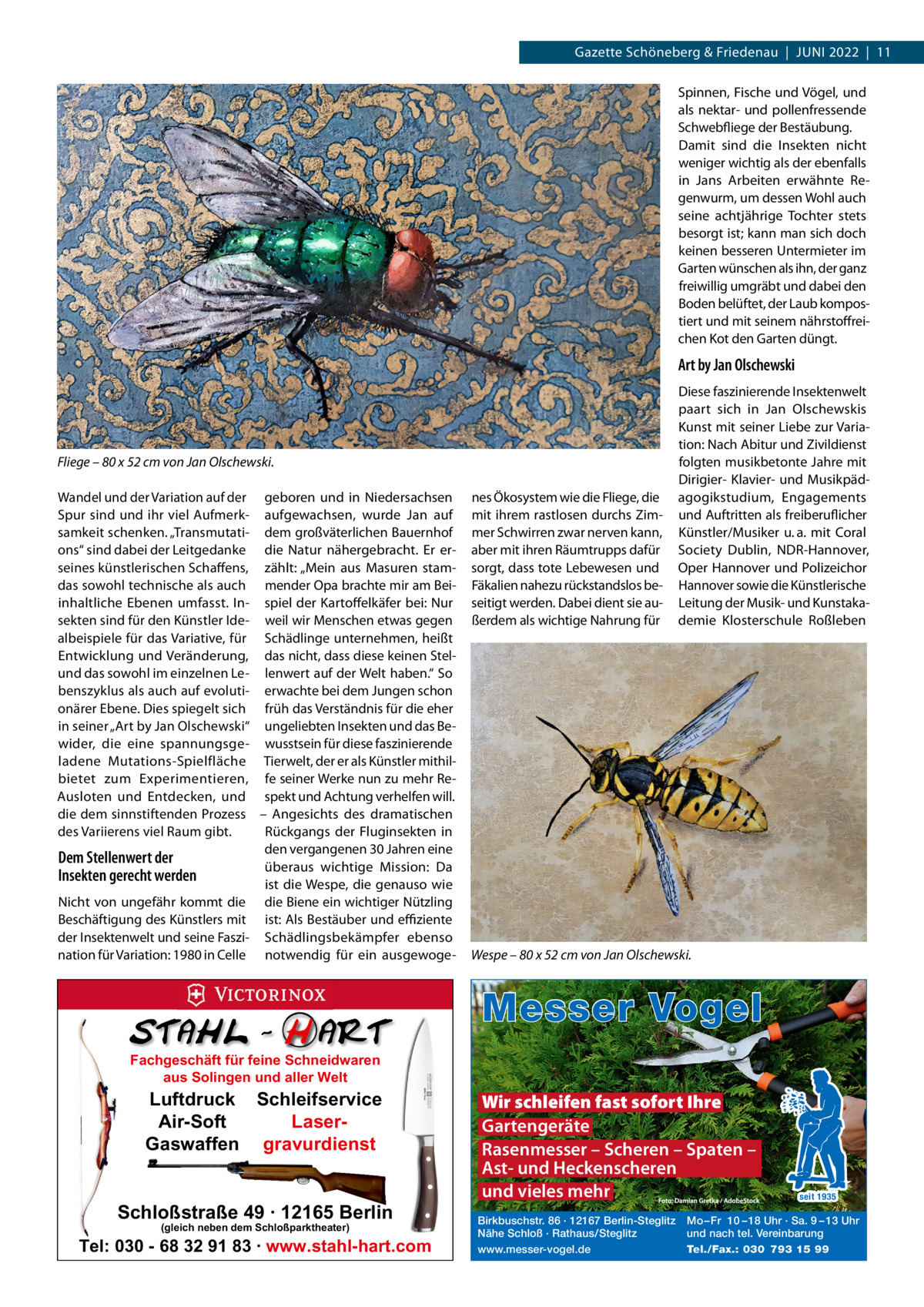 Gazette Schöneberg & Friedenau  |  Juni 2022  |  11 Spinnen, Fische und Vögel, und als nektar- und pollenfressende Schwebfliege der Bestäubung. Damit sind die Insekten nicht weniger wichtig als der ebenfalls in Jans Arbeiten erwähnte Regenwurm, um dessen Wohl auch seine achtjährige Tochter stets besorgt ist; kann man sich doch keinen besseren Untermieter im Garten wünschen als ihn, der ganz freiwillig umgräbt und dabei den Boden belüftet, der Laub kompostiert und mit seinem nährstoffreichen Kot den Garten düngt.  Art by Jan Olschewski  Fliege – 80 x 52 cm von Jan Olschewski. Wandel und der Variation auf der geboren und in Niedersachsen Spur sind und ihr viel Aufmerk- aufgewachsen, wurde Jan auf samkeit schenken. „Transmutati- dem großväterlichen Bauernhof ons“ sind dabei der Leitgedanke die Natur nähergebracht. Er erseines künstlerischen Schaffens, zählt: „Mein aus Masuren stamdas sowohl technische als auch mender Opa brachte mir am Beiinhaltliche Ebenen umfasst. In- spiel der Kartoffelkäfer bei: Nur sekten sind für den Künstler Ide- weil wir Menschen etwas gegen albeispiele für das Variative, für Schädlinge unternehmen, heißt Entwicklung und Veränderung, das nicht, dass diese keinen Stelund das sowohl im einzelnen Le- lenwert auf der Welt haben.“ So benszyklus als auch auf evoluti- erwachte bei dem Jungen schon onärer Ebene. Dies spiegelt sich früh das Verständnis für die eher in seiner „Art by Jan Olschewski“ ungeliebten Insekten und das Bewider, die eine spannungsge- wusstsein für diese faszinierende ladene Mutations-Spielfläche Tierwelt, der er als Künstler mithilbietet zum Experimentieren, fe seiner Werke nun zu mehr ReAusloten und Entdecken, und spekt und Achtung verhelfen will. die dem sinnstiftenden Prozess – Angesichts des dramatischen des Variierens viel Raum gibt. Rückgangs der Fluginsekten in den vergangenen 30 Jahren eine Dem Stellenwert der überaus wichtige Mission: Da Insekten gerecht werden ist die Wespe, die genauso wie Nicht von ungefähr kommt die die Biene ein wichtiger Nützling Beschäftigung des Künstlers mit ist: Als Bestäuber und effiziente der Insektenwelt und seine Faszi- Schädlingsbekämpfer ebenso nation für Variation: 1980 in Celle notwendig für ein ausgewoge nes Ökosystem wie die Fliege, die mit ihrem rastlosen durchs Zimmer Schwirren zwar nerven kann, aber mit ihren Räumtrupps dafür sorgt, dass tote Lebewesen und Fäkalien nahezu rückstandslos beseitigt werden. Dabei dient sie außerdem als wichtige Nahrung für  Diese faszinierende Insektenwelt paart sich in Jan Olschewskis Kunst mit seiner Liebe zur Variation: Nach Abitur und Zivildienst folgten musikbetonte Jahre mit Dirigier- Klavier- und Musikpädagogikstudium, Engagements und Auftritten als freiberuflicher Künstler/Musiker u. a. mit Coral Society Dublin, NDR-Hannover, Oper Hannover und Polizeichor Hannover sowie die Künstlerische Leitung der Musik- und Kunstakademie Klosterschule Roßleben  Wespe – 80 x 52 cm von Jan Olschewski.  Messer Vogel Fachgeschäft für feine Schneidwaren aus Solingen und aller Welt  Luftdruck Schleifservice Air-Soft LaserGaswaffen gravurdienst  Schloßstraße 49 · 12165 Berlin (gleich neben dem Schloßparktheater)  Tel: 030 - 68 32 91 83 · www.stahl-hart.com  Wir schleifen fast sofort Ihre Gartengeräte Rasenmesser – Scheren – Spaten – Ast- und Heckenscheren und vieles mehr Birkbuschstr. 86 · 12167 Berlin-Steglitz Nähe Schloß · Rathaus/Steglitz www.messer-vogel.de  seit 1935  Mo – Fr 10 – 18 Uhr · Sa. 9 – 13 Uhr und nach tel. Vereinbarung Tel./Fax.: 030 793 15 99