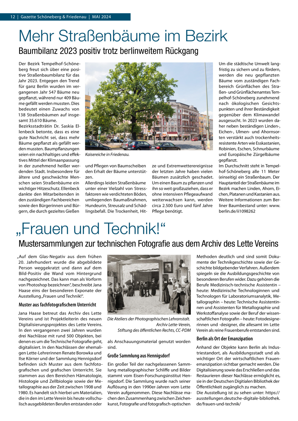 12  |  Gazette Schöneberg & Friedenau  |  Mai 2024  Mehr Straßenbäume im Bezirk Baumbilanz 2023 positiv trotz berlinweitem Rückgang Der Bezirk Tempelhof-Schöneberg freut sich über eine positive Straßenbaumbilanz für das Jahr 2023. Entgegen den Trend für ganz Berlin wurden im vergangenen Jahr 547 Bäume neu gepflanzt, während nur 409 Bäume gefällt werden mussten. Dies bedeutet einen Zuwachs von 138  Straßenbäumen auf insgesamt 35.610 Bäume. Bezirksstadträtin Dr.  Saskia Ellenbeck betonte, dass es eine gute Nachricht sei, dass mehr Bäume gepflanzt als gefällt werden mussten. Baumpflanzungen seien ein nachhaltiges und effektives Mittel der Klimaanpassung in der zunehmend heißer werdenden Stadt. Insbesondere für ältere und geschwächte Menschen seien Straßenbäume ein wichtiger Hitzeschutz. Ellenbeck dankte den Mitarbeitenden in den zuständigen Fachbereichen sowie den Bürgerinnen und Bürgern, die durch gezieltes Gießen  Kaisereiche in Friedenau. und Pflegen von Baumscheiben den Erhalt der Bäume unterstützen. Allerdings leiden Straßenbäume unter einer Vielzahl von Stressfaktoren wie verdichteten Böden, umliegenden Baumaßnahmen, Hundeurin, Streusalz und Schädlingsbefall. Die Trockenheit, Hit ze und Extremwetterereignisse der letzten Jahre haben vielen Bäumen zusätzlich geschadet. Um einen Baum zu pflanzen und ihn so weit großzuziehen, dass er ohne intensiven Pflegeaufwand weiterwachsen kann, werden circa 2.500 Euro und fünf Jahre Pflege benötigt.  Um die städtische Umwelt langfristig zu sichern und zu fördern, werden die neu gepflanzten Bäume vom zuständigen Fachbereich Grünflächen des Straßen- und Grünflächenamtes Tempelhof-Schöneberg zunehmend nach ökologischen Gesichtspunkten und ihrer Beständigkeit gegenüber dem Klimawandel ausgesucht. In 2023 wurden daher neben beständigen Linden-, Eichen-, Ulmen- und Ahornsorten verstärkt auch trockenheitsresistente Arten wie Esskastanien, Robinien, Eschen, Schnurbäume und Europäische Zürgelbäume gepflanzt. Im Durchschnitt steht in Tempelhof-Schöneberg alle 11  Meter (einseitig) ein Straßenbaum. Der Hauptanteil der Straßenbäume im Bezirk machen Linden, Ahorn, Eichen, Platanen und Kastanien aus. Weitere Informationen zum Berliner Baumbestand unter: www. berlin.de/ii1098262  „Frauen und Technik!“ Mustersammlungen zur technischen Fotografie aus dem Archiv des Lette Vereins „Auf dem Glas-Negativ aus dem frühen 20.  Jahrhundert wurde die abgebildete Person weggekratzt und dann auf dem Bild-Positiv die Wand vom Hintergrund nachgezeichnet. Das kann man als Vorform von Photoshop bezeichnen“, beschreibt Jana Haase eins der besonderen Exponate der Ausstellung „Frauen und Technik!“.  Muster aus fachfotografischem Unterricht Jana Haase betreut das Archiv des Lette Vereins und ist Projektleiterin des neuen Digitalisierungsprojektes des Lette Vereins. In den vergangenen zwei Jahren wurden drei Nachlässe mit rund 500 Objekten, bei denen es um die Technische Fotografie geht, digitalisiert. In den Nachlässen der ehemaligen Lette-Lehrerinnen Renate Borowka und Ilse Körner und der Sammlung Hennigsdorf befinden sich Muster aus dem fachfotografischen und grafischen Unterricht. Sie stammen aus den Bereichen Hämatologie, Histologie und Zellbiologie sowie der Metallographie aus der Zeit zwischen 1908 und 1980. Es handelt sich hierbei um Materialien, die in den im Lette Verein bis heute vollschulisch ausgebildeten Berufen entstanden oder  Die Ateliers der Photographischen Lehranstalt. � Archiv Lette-Verein, Stiftung des öffentlichen Rechts, CC-PDM als Anschauungsmaterial genutzt worden sind.  Große Sammlung aus Hennigsdorf Ein großer Teil der nachgelassenen Sammlung metallographischer Schliffe und Bilder stammt vom Eisen-Forschungsinstitut Hennigsdorf. Die Sammlung wurde nach seiner Auflösung in den 1990er-Jahren vom Lette Verein aufgenommen. Diese Nachlässe machen den Zusammenhang zwischen Zeichenkunst, Fotografie und fotografisch-optischen  Methoden deutlich und sind somit Dokumente der Technikgeschichte sowie der Geschichte bildgebender Verfahren. Außerdem spiegeln sie die Ausbildungsgeschichte von besonderen Berufen wider. Dazu gehören die Berufe Medizinisch-technische Assistentin – heute: Medizinische Technologinnen und Technologen für Laboratoriumsanalytik, Metallographin – heute: Technische Assistentinnen und Assistenten für Metallographie und Werkstoffanalyse sowie der Beruf der wissenschaftlichen Fotografin – heute: Fotodesignerinnen und -designer, die allesamt im Lette Verein als reine Frauenberufe entstanden sind.  Berlin als Ort der Emanzipation Anhand der Objekte kann Berlin als Industriestandort, als Ausbildungsstadt und als wichtiger Ort der wirtschaftlichen Frauenemanzipation sichtbar gemacht werden. Die Digitalisierung sowie das Erschließen und das Restaurieren dieser Nachlässe ermöglicht es, sie in der Deutschen Digitialen Bibliothek der Öffentlichkeit zugänglich zu machen. Die Ausstellung ist zu sehen unter: https:// ausstellungen.­deutsche-digitale-bibliothek. de/frauen-und-technik/