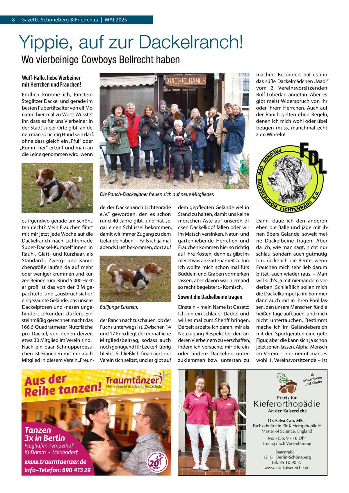 8  |  Gazette Schöneberg & Friedenau  |  Mai 2025  Yippie, auf zur Dackelranch! Wo vierbeinige Cowboys Bellrecht haben machen. Besonders hat es mir das süße Dackelmädchen „Madl“ vom 2.  Vereinsvorsitzenden Rolf Lobedan angetan. Aber es gibt meist Widerspruch von ihr oder ihrem Herrchen. Auch auf der Ranch gelten eben Regeln, denen ich mich wohl oder übel beugen muss, manchmal echt zum Winseln!  Wuff-Hallo, liebe Vierbeiner mit Herrchen und Frauchen! Endlich komme ich, Einstein, Steglitzer Dackel und gerade im besten Pubertätsalter von elf Monaten hier mal zu Wort: Wusstet Ihr, dass es für uns Vierbeiner in der Stadt super Orte gibt, an denen man so richtig Hund sein darf, ohne dass gleich ein „Pfui“ oder „Komm her“ ertönt und man an die Leine genommen wird, wenn  Die Ranch-Dackeljaner freuen sich auf neue Mitglieder.  es irgendwo gerade am schönsten riecht? Mein Frauchen fährt mit mir jetzt jede Woche auf die Dackelranch nach Lichtenrade. Super-Dackel-Kumpel*innen in Rauh-, Glatt- und Kurzhaar, als Standard-, Zwerg- und Kaninchengröße laufen da auf mehr oder weniger krummen und kurzen Beinen rum. Rund 5.000 Hektar groß ist das von der BIM gepachtete und „ausbruchsicher“ eingezäunte Gelände, das unsere Dackelpfoten und -nasen ungehindert erkunden dürfen. Einsteinmäßig gerechnet macht das 166,6 Quadratmeter Nutzfläche pro Dackel, von denen derzeit etwa 30 Mitglied im Verein sind. Nach ein paar Schnupperbesuchen ist Frauchen mit mir auch Mitglied in diesem Verein „Freun de der Dackelranch Lichtenrade e. V.“ geworden, den es schon rund 40  Jahre gibt, und hat sogar einen Schlüssel bekommen, damit wir immer Zugang zu dem Gelände haben. – Falls ich ja mal abends Lust bekommen, dort auf  dem gepflegten Gelände viel in Stand zu halten, damit uns keine morschen Äste auf unseren dicken Dackelkopf fallen oder wir im Matsch versinken. Natur- und gartenliebende Herrchen und Frauchen kommen hier so richtig auf ihre Kosten, denn es gibt immer etwas an Gartenarbeit zu tun. Ich wollte mich schon mal fürs Buddeln und Graben vormerken lassen, aber davon war niemand so recht begeistert.- Komisch.  Soweit die Dackelbeine tragen Balljunge Einstein. der Ranch nachzuschauen, ob der Fuchs unterwegs ist. Zwischen 14 und 17 Euro liegt der monatliche Mitgliedsbeitrag, sodass auch noch genügend für Leckerli übrig bleibt. Schließlich finanziert der Verein sich selbst, und es gibt auf  Einstein – mein Name ist Gesetz: Ich bin ein schlauer Dackel und will es mal zum Sheriff bringen. Derzeit arbeite ich daran, mir als Neuzugang Respekt bei den anderen Vierbeinern zu verschaffen, indem ich versuche, mir die ein oder andere Dackeline unterzuklemmen bzw. untertan zu  Dann klaue ich den anderen eben die Bälle und jage mit ihnen übers Gelände, soweit meine Dackelbeine tragen. Aber da ich, wie man sagt, nicht nur schlau, sondern auch gutmütig bin, rücke ich die Beute, wenn Frauchen mich sehr lieb darum bittet, auch wieder raus. – Man will sich‘s ja mit niemandem verderben. Schließlich sollen mich die Dackelkumpel ja im Sommer dann auch mit in ihren Pool lassen, den unsere Menschen für die heißen Tage aufbauen, und mich nicht untertauchen. Bestimmt mache ich im Geländebereich mit den Sportgeräten eine gute Figur, aber die kann sich ja schon jetzt sehen lassen. Alpha-Mensch im Verein – hier nennt man es wohl 1. Vereinsvorsitzende – ist Für sene Erwach der und Kin  Praxis für  Kieferorthopädie An der Kaisereiche  Dr. Selva Can, MSc. Fachzahnärztin für Kieferopthopädie Master of Science, England Mo - Do: 9 - 18 Uhr Freitag nach Vereinbarung Saarstraße 1 12161 Berlin-Schöneberg Tel. 85 10 90 77 www.kfo-kaisereiche.de