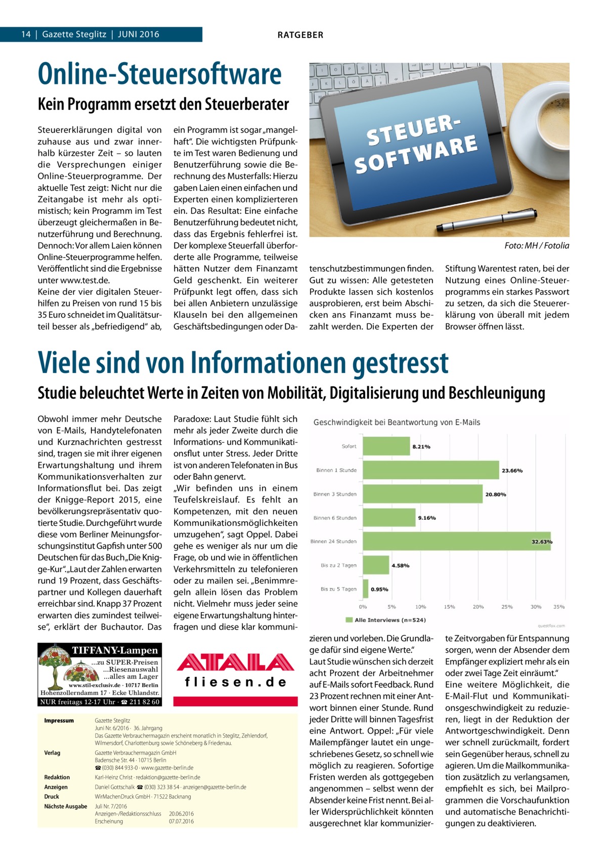 14  |  Gazette Steglitz  |  Juni 2016  RATGEBER  Online-Steuersoftware Kein Programm ersetzt den Steuerberater Steuererklärungen digital von zuhause aus und zwar innerhalb kürzester Zeit – so lauten die Versprechungen einiger Online-Steuerprogramme. Der aktuelle Test zeigt: Nicht nur die Zeitangabe ist mehr als optimistisch; kein Programm im Test überzeugt gleichermaßen in Benutzerführung und Berechnung. Dennoch: Vor allem Laien können Online-Steuerprogramme helfen. Veröffentlicht sind die Ergebnisse unter www.test.de. Keine der vier digitalen Steuerhilfen zu Preisen von rund 15 bis 35 Euro schneidet im Qualitätsurteil besser als „befriedigend“ ab,  ein Programm ist sogar „mangelhaft“. Die wichtigsten Prüfpunkte im Test waren Bedienung und Benutzerführung sowie die Berechnung des Musterfalls: Hierzu gaben Laien einen einfachen und Experten einen komplizierteren ein. Das Resultat: Eine einfache Benutzerführung bedeutet nicht, dass das Ergebnis fehlerfrei ist. Der komplexe Steuerfall überforderte alle Programme, teilweise hätten Nutzer dem Finanzamt Geld geschenkt. Ein weiterer Prüfpunkt legt offen, dass sich bei allen Anbietern unzulässige Klauseln bei den allgemeinen Geschäftsbedingungen oder Da � tenschutzbestimmungen finden. Gut zu wissen: Alle getesteten Produkte lassen sich kostenlos ausprobieren, erst beim Abschicken ans Finanzamt muss bezahlt werden. Die Experten der  Foto: MH / Fotolia Stiftung Warentest raten, bei der Nutzung eines Online-Steuerprogramms ein starkes Passwort zu setzen, da sich die Steuererklärung von überall mit jedem Browser öffnen lässt.  Viele sind von Informationen gestresst Studie beleuchtet Werte in Zeiten von Mobilität, Digitalisierung und Beschleunigung Obwohl immer mehr Deutsche von E-Mails, Handytelefonaten und Kurznachrichten gestresst sind, tragen sie mit ihrer eigenen Erwartungshaltung und ihrem Kommunikationsverhalten zur Informationsflut bei. Das zeigt der Knigge-Report 2015, eine bevölkerungsrepräsentativ quotierte Studie. Durchgeführt wurde diese vom Berliner Meinungsforschungsinstitut Gapfish unter 500 Deutschen für das Buch „Die Knigge-Kur“. „Laut der Zahlen erwarten rund 19 Prozent, dass Geschäftspartner und Kollegen dauerhaft erreichbar sind. Knapp 37 Prozent erwarten dies zumindest teilweise“, erklärt der Buchautor. Das  Paradoxe: Laut Studie fühlt sich mehr als jeder Zweite durch die Informations- und Kommunikationsflut unter Stress. Jeder Dritte ist von anderen Telefonaten in Bus oder Bahn genervt. „Wir befinden uns in einem Teufelskreislauf. Es fehlt an Kompetenzen, mit den neuen Kommunikationsmöglichkeiten umzugehen“, sagt Oppel. Dabei gehe es weniger als nur um die Frage, ob und wie in öffentlichen Verkehrsmitteln zu telefonieren oder zu mailen sei. „Benimmregeln allein lösen das Problem nicht. Vielmehr muss jeder seine eigene Erwartungshaltung hinterfragen und diese klar kommuni TIFFANY-Lampen ...zu SUPER-Preisen ...Riesenauswahl ...alles am Lager www.stil-exclusiv.de · 10717 Berlin  Hohenzollerndamm 17 · Ecke Uhlandstr.  NUR freitags 12-17 Uhr · ☎ 211 82 60 Impressum	  Gazette Steglitz Juni Nr. 6/2016 ·  36. Jahrgang Das Gazette Verbrauchermagazin erscheint monatlich in Steglitz, Zehlendorf, Wilmersdorf, Charlottenburg sowie Schöneberg & Friedenau.  Verlag	  Gazette Verbrauchermagazin GmbH Badensche Str. 44 · 10715 Berlin ☎ (030) 844 933-0 · www.gazette-berlin.de  Redaktion	  Karl-Heinz Christ · redaktion@gazette-berlin.de  Anzeigen	  Daniel Gottschalk ·☎ (030) 323 38 54 · anzeigen@gazette-berlin.de  Druck	  WirMachenDruck GmbH · 71522 Backnang  Nächste Ausgabe	  Juli Nr. 7/2016 Anzeigen-/Redaktionsschluss	20.06.2016 Erscheinung	07.07.2016  zieren und vorleben. Die Grundlage dafür sind eigene Werte.“ Laut Studie wünschen sich derzeit acht Prozent der Arbeitnehmer auf E-Mails sofort Feedback. Rund 23 Prozent rechnen mit einer Antwort binnen einer Stunde. Rund jeder Dritte will binnen Tagesfrist eine Antwort. Oppel: „Für viele Mailempfänger lautet ein ungeschriebenes Gesetz, so schnell wie möglich zu reagieren. Sofortige Fristen werden als gottgegeben angenommen – selbst wenn der Absender keine Frist nennt. Bei aller Widersprüchlichkeit könnten ausgerechnet klar kommunizier te Zeitvorgaben für Entspannung sorgen, wenn der Absender dem Empfänger expliziert mehr als ein oder zwei Tage Zeit einräumt.“ Eine weitere Möglichkeit, die E-Mail-Flut und Kommunikationsgeschwindigkeit zu reduzieren, liegt in der Reduktion der Antwortgeschwindigkeit. Denn wer schnell zurückmailt, fordert sein Gegenüber heraus, schnell zu agieren. Um die Mailkommunikation zusätzlich zu verlangsamen, empfiehlt es sich, bei Mailprogrammen die Vorschaufunktion und automatische Benachrichtigungen zu deaktivieren.