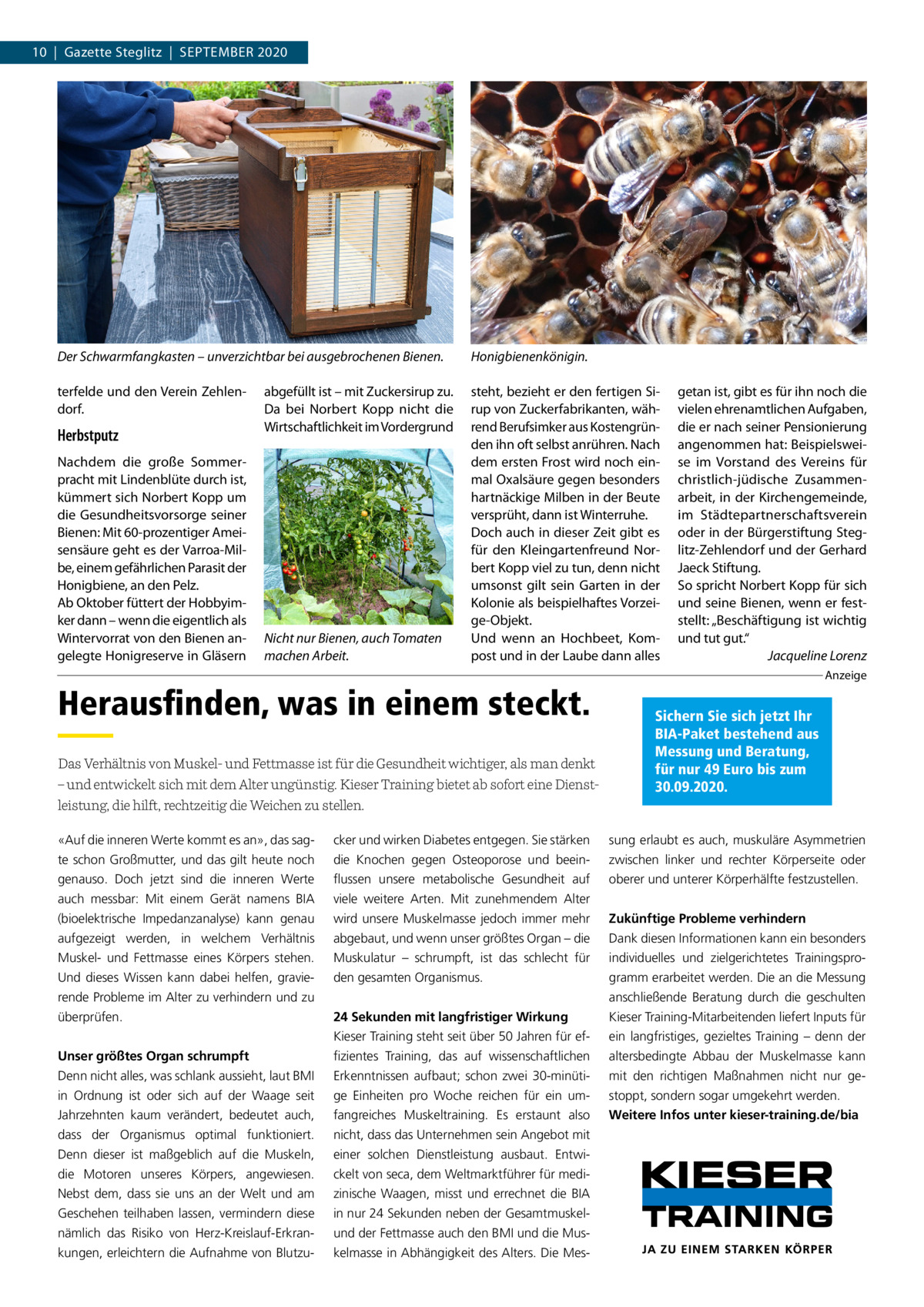 10  |  Gazette Steglitz  |  September 2020  Der Schwarmfangkasten – unverzichtbar bei ausgebrochenen Bienen.  Honigbienenkönigin.  terfelde und den Verein Zehlendorf.  steht, bezieht er den fertigen Sirup von Zuckerfabrikanten, während Berufsimker aus Kostengründen ihn oft selbst anrühren. Nach dem ersten Frost wird noch einmal Oxalsäure gegen besonders hartnäckige Milben in der Beute versprüht, dann ist Winterruhe. Doch auch in dieser Zeit gibt es für den Kleingartenfreund Norbert Kopp viel zu tun, denn nicht umsonst gilt sein Garten in der Kolonie als beispielhaftes Vorzeige-Objekt. Und wenn an Hochbeet, Kompost und in der Laube dann alles  Herbstputz Nachdem die große Sommerpracht mit Lindenblüte durch ist, kümmert sich Norbert Kopp um die Gesundheitsvorsorge seiner Bienen: Mit 60-prozentiger Ameisensäure geht es der Varroa-Milbe, einem gefährlichen Parasit der Honigbiene, an den Pelz. Ab Oktober füttert der Hobbyimker dann – wenn die eigentlich als Wintervorrat von den Bienen angelegte Honigreserve in Gläsern  abgefüllt ist – mit Zuckersirup zu. Da bei Norbert Kopp nicht die Wirtschaftlichkeit im Vordergrund  Nicht nur Bienen, auch Tomaten machen Arbeit.  Herausfinden, was in einem steckt. Das Verhältnis von Muskel- und Fettmasse ist für die Gesundheit wichtiger, als man denkt – und entwickelt sich mit dem Alter ungünstig. Kieser Training bietet ab sofort eine Dienst getan ist, gibt es für ihn noch die vielen ehrenamtlichen Aufgaben, die er nach seiner Pensionierung angenommen hat: Beispielsweise im Vorstand des Vereins für christlich-jüdische Zusammenarbeit, in der Kirchengemeinde, im Städtepartnerschaftsverein oder in der Bürgerstiftung Steglitz-Zehlendorf und der Gerhard Jaeck Stiftung. So spricht Norbert Kopp für sich und seine Bienen, wenn er feststellt: „Beschäftigung ist wichtig und tut gut.“ � Jacqueline Lorenz Anzeige  Sichern Sie sich jetzt Ihr BIA-Paket bestehend aus Messung und Beratung, für nur 49 Euro bis zum 30.09.2020.  leistung, die hilft, rechtzeitig die Weichen zu stellen. «Auf die inneren Werte kommt es an», das sagte schon Großmutter, und das gilt heute noch genauso. Doch jetzt sind die inneren Werte auch messbar: Mit einem Gerät namens BIA (bioelektrische Impedanzanalyse) kann genau aufgezeigt werden, in welchem Verhältnis Muskel- und Fettmasse eines Körpers stehen. Und dieses Wissen kann dabei helfen, gravierende Probleme im Alter zu verhindern und zu überprüfen. Unser größtes Organ schrumpft Denn nicht alles, was schlank aussieht, laut BMI in Ordnung ist oder sich auf der Waage seit Jahrzehnten kaum verändert, bedeutet auch, dass der Organismus optimal funktioniert. Denn dieser ist maßgeblich auf die Muskeln, die Motoren unseres Körpers, angewiesen. Nebst dem, dass sie uns an der Welt und am Geschehen teilhaben lassen, vermindern diese nämlich das Risiko von Herz-Kreislauf-Erkrankungen, erleichtern die Aufnahme von Blutzu cker und wirken Diabetes entgegen. Sie stärken die Knochen gegen Osteoporose und beeinflussen unsere metabolische Gesundheit auf viele weitere Arten. Mit zunehmendem Alter wird unsere Muskelmasse jedoch immer mehr abgebaut, und wenn unser größtes Organ – die Muskulatur – schrumpft, ist das schlecht für den gesamten Organismus. 24 Sekunden mit langfristiger Wirkung Kieser Training steht seit über 50 Jahren für effizientes Training, das auf wissenschaftlichen Erkenntnissen aufbaut; schon zwei 30-minütige Einheiten pro Woche reichen für ein umfangreiches Muskeltraining. Es erstaunt also nicht, dass das Unternehmen sein Angebot mit einer solchen Dienstleistung ausbaut. Entwickelt von seca, dem Weltmarktführer für medizinische Waagen, misst und errechnet die BIA in nur 24 Sekunden neben der Gesamtmuskelund der Fettmasse auch den BMI und die Muskelmasse in Abhängigkeit des Alters. Die Mes sung erlaubt es auch, muskuläre Asymmetrien zwischen linker und rechter Körperseite oder oberer und unterer Körperhälfte festzustellen. Zukünftige Probleme verhindern Dank diesen Informationen kann ein besonders individuelles und zielgerichtetes Trainingsprogramm erarbeitet werden. Die an die Messung anschließende Beratung durch die geschulten Kieser Training-Mitarbeitenden liefert Inputs für ein langfristiges, gezieltes Training – denn der altersbedingte Abbau der Muskelmasse kann mit den richtigen Maßnahmen nicht nur gestoppt, sondern sogar umgekehrt werden. Weitere Infos unter kieser-training.de/bia