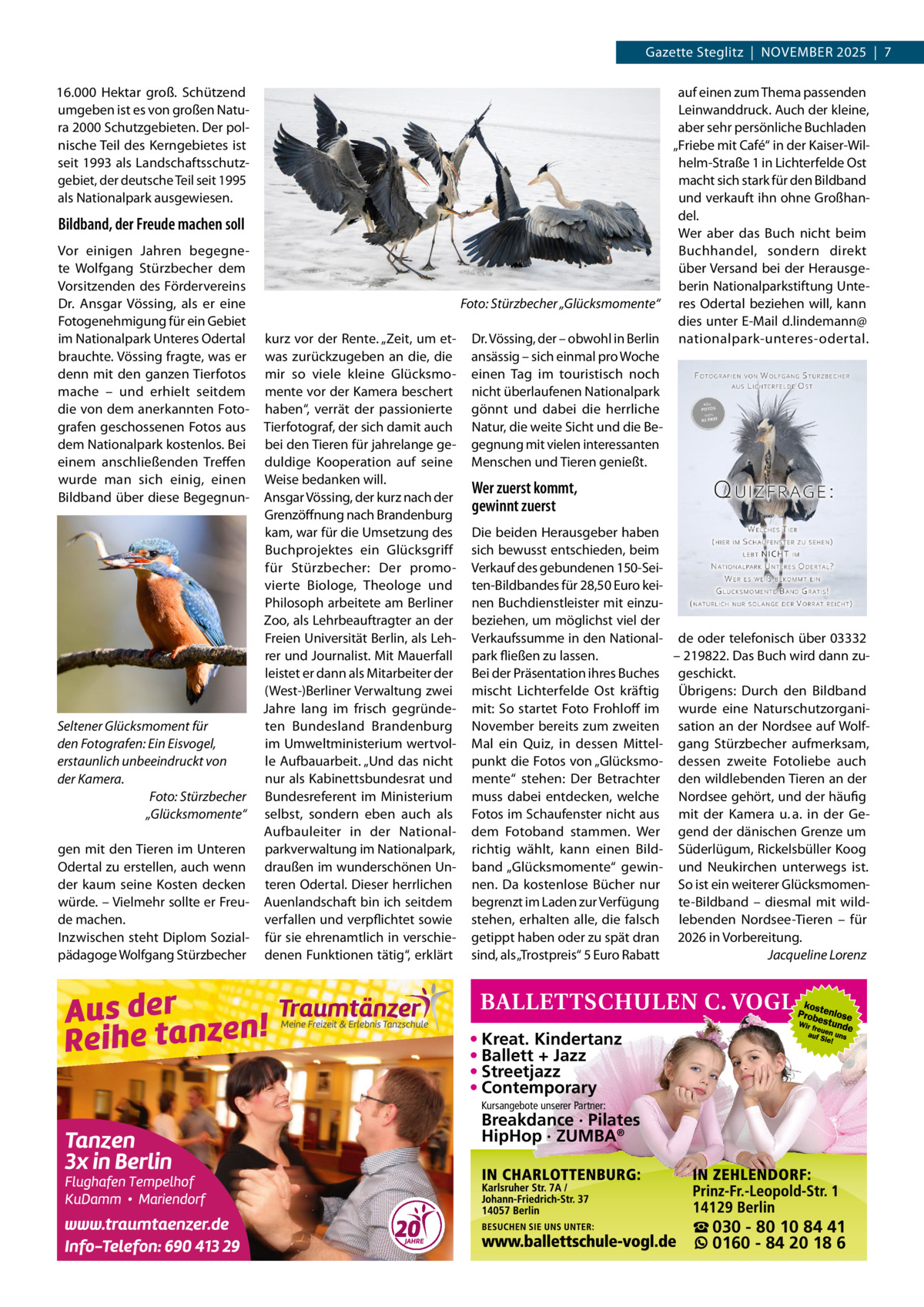 Gazette Steglitz  |  November 2025  |  7 16.000  Hektar groß. Schützend umgeben ist es von großen Natu­ ra 2000 Schutzgebieten. Der pol­ nische Teil des Kerngebietes ist seit 1993 als Landschaftsschutz­ gebiet, der deutsche Teil seit 1995 als Nationalpark ausgewiesen.  Bildband, der Freude machen soll Vor einigen Jahren begegne­ te Wolfgang Stürzbecher dem Vorsitzenden des Fördervereins Dr.  Ansgar Vössing, als er eine Fotogenehmigung für ein Gebiet im Nationalpark Unteres Odertal brauchte. Vössing fragte, was er denn mit den ganzen Tierfotos mache – und erhielt seitdem die von dem anerkannten Foto­ grafen geschossenen Fotos aus dem Nationalpark kostenlos. Bei einem anschließenden Treffen wurde man sich einig, einen Bildband über diese Begegnun­  Seltener Glücksmoment für den Fotografen: Ein Eisvogel, erstaunlich unbeeindruckt von der Kamera. Foto: Stürzbecher „Glücksmomente“ gen mit den Tieren im Unteren Odertal zu erstellen, auch wenn der kaum seine Kosten decken würde. – Vielmehr sollte er Freu­ de machen. Inzwischen steht Diplom Sozial­ pädagoge Wolfgang Stürzbecher  auf einen zum Thema passenden Leinwanddruck. Auch der kleine, aber sehr persönliche Buchladen „Friebe mit Café“ in der Kaiser-Wil­ helm-Straße 1 in Lichterfelde Ost macht sich stark für den Bildband und verkauft ihn ohne Großhan­ del. Wer aber das Buch nicht beim Buchhandel, sondern direkt über Versand bei der Herausge­ berin Nationalparkstiftung Unte­ Foto: Stürzbecher „Glücksmomente“ res Odertal beziehen will, kann dies unter E-Mail d.lindemann@ kurz vor der Rente. „Zeit, um et­ Dr. Vössing, der – obwohl in Berlin nationalpark-unteres-odertal. was zurückzugeben an die, die ansässig – sich einmal pro Woche mir so viele kleine Glücksmo­ einen Tag im touristisch noch mente vor der Kamera beschert nicht überlaufenen Nationalpark haben“, verrät der passionierte gönnt und dabei die herrliche Tierfotograf, der sich damit auch Natur, die weite Sicht und die Be­ bei den Tieren für jahrelange ge­ gegnung mit vielen interessanten duldige Kooperation auf seine Menschen und Tieren genießt. Weise bedanken will. Wer zuerst kommt, Ansgar Vössing, der kurz nach der gewinnt zuerst Grenzöffnung nach Brandenburg kam, war für die Umsetzung des Die beiden Herausgeber haben Buchprojektes ein Glücksgriff sich bewusst entschieden, beim für Stürzbecher: Der promo­ Verkauf des gebundenen 150-Sei­ vierte Biologe, Theologe und ten-Bildbandes für 28,50 Euro kei­ Philosoph arbeitete am Berliner nen Buchdienstleister mit einzu­ Zoo, als Lehrbeauftragter an der beziehen, um möglichst viel der Freien Universität Berlin, als Leh­ Verkaufssumme in den National­ de oder telefonisch über 03332 rer und Journalist. Mit Mauerfall park fließen zu lassen. – 219822. Das Buch wird dann zu­ leistet er dann als Mitarbeiter der Bei der Präsentation ihres Buches geschickt. (West-)Berliner Verwaltung zwei mischt Lichterfelde Ost kräftig Übrigens: Durch den Bildband Jahre lang im frisch gegründe­ mit: So startet Foto Frohloff im wurde eine Naturschutzorgani­ ten Bundesland Brandenburg November bereits zum zweiten sation an der Nordsee auf Wolf­ im Umweltministerium wertvol­ Mal ein Quiz, in dessen Mittel­ gang Stürzbecher aufmerksam, le Aufbauarbeit. „Und das nicht punkt die Fotos von „Glücksmo­ dessen zweite Fotoliebe auch nur als Kabinettsbundesrat und mente“ stehen: Der Betrachter den wildlebenden Tieren an der Bundesreferent im Ministerium muss dabei entdecken, welche Nordsee gehört, und der häufig selbst, sondern eben auch als Fotos im Schaufenster nicht aus mit der Kamera u. a. in der Ge­ Aufbauleiter in der National­ dem Fotoband stammen. Wer gend der dänischen Grenze um parkverwaltung im Nationalpark, richtig wählt, kann einen Bild­ Süderlügum, Rickelsbüller Koog draußen im wunderschönen Un­ band „Glücksmomente“ gewin­ und Neukirchen unterwegs ist. teren Odertal. Dieser herrlichen nen. Da kostenlose Bücher nur So ist ein weiterer Glücksmomen­ Auenlandschaft bin ich seitdem begrenzt im Laden zur Verfügung te-Bildband – diesmal mit wild­ verfallen und verpflichtet sowie stehen, erhalten alle, die falsch lebenden Nordsee-Tieren – für für sie ehrenamtlich in verschie­ getippt haben oder zu spät dran 2026 in Vorbereitung. denen Funktionen tätig“, erklärt sind, als „Trostpreis“ 5 Euro Rabatt � Jacqueline Lorenz  • Kreat. Kindertanz • Ballett + Jazz • Streetjazz • Contemporary Kursangebote unserer Partner:  Breakdance · Pilates HipHop · ZUMBA®  ☎ 030 - 80 10 84 41 0160 - 84 20 18 6