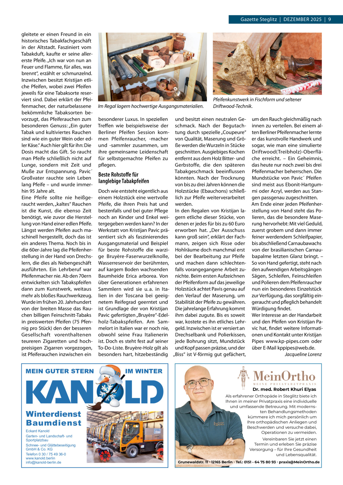 Gazette Steglitz  |  DEzEMBER 2025  |  9 gleitete er einen Freund in ein historisches Tabakfachgeschäft in der Altstadt. Fasziniert vom Tabakduft, kaufte er seine allererste Pfeife. „Ich war von nun an Feuer und Flamme, für alles, was brennt“, erzählt er schmunzelnd. Inzwischen besitzt Kristijan etliche Pfeifen, wobei zwei Pfeifen jeweils für eine Tabaksorte reserviert sind. Dabei erklärt der Pfeifenmacher, der naturbelassene bekömmliche Tabaksorten bevorzugt, das Pfeiferauchen zum besonderen Genuss: „Ein guter Tabak und kultiviertes Rauchen sind wie ein guter Wein oder edler Käse.“ Auch hier gilt für ihn: Die Dosis macht das Gift. So raucht man Pfeife schließlich nicht auf Lunge, sondern mit zeit und Muße zur Entspannung. Pavic´ Großvater rauchte sein Leben lang Pfeife – und wurde immerhin 95 Jahre alt. Eine Pfeife sollte nie heißgeraucht werden, „kaltes“ Rauchen ist die Kunst, die ebenso zeit benötigt, wie zuvor die Herstellung von Hand einer edlen Pfeife. Längst werden Pfeifen auch maschinell hergestellt, doch das ist ein anderes Thema. Noch bis in die 60er-Jahre lag die Pfeifenherstellung in der Hand von Drechslern, die dies als Nebengeschäft ausführten. Ein Lehrberuf war Pfeifenmacher nie. Ab den 70ern entwickelten sich Tabakspfeifen dann zum Kunstwerk, weitaus mehr als bloßes Rauchwerkzeug. Wurde im frühen 20. Jahrhundert von der breiten Masse das Rauchen billigen Feinschnitt-Tabaks in preiswerten Pfeifen (75 Pfennig pro Stück) den der besseren Gesellschaft vorenthaltenen teureren zigaretten und hochpreisigen zigarren vorgezogen, ist Pfeiferauchen inzwischen ein  MEIN GUTER STERN  Im Regal lagern hochwertige Ausgangsmaterialien. besonderer Luxus. In speziellen Treffen wie beispielsweise der Berliner Pfeifen Session kommen Pfeifenraucher, -macher und -sammler zusammen, um ihre gemeinsame Leidenschaft für selbstgemachte Pfeifen zu pflegen.  Beste Rohstoﬀe für langlebige Tabakpfeifen Doch wie entsteht eigentlich aus einem Holzstück eine wertvolle Pfeife, die ihren Preis hat und bestenfalls und bei guter Pflege noch an Kinder und Enkel weitergegeben werden kann? In der Werkstatt von Kristijan Pavic präsentiert sich als faszinierendes Ausgangsmaterial und Beispiel für beste Rohstoffe die warzige Bruyère-Faserwurzelknolle, Wasserreservoir der berühmten, auf kargem Boden wachsenden Baumheide Erica arborea. Von über Generationen erfahrenen Sammlern wird sie u. a. in Italien in der Toscana bei geeignetem Reifegrad geerntet und ist Grundlage der von Kristijan Pavic gefertigten „Bruyère“-Edelholz-Tabakspfeifen. Am Sammelort in Italien war er noch nie, obwohl seine Frau Italienerin ist. Doch es steht fest auf seiner To-Do-Liste. Bruyère-Holz gilt als besonders hart, hitzebeständig  Pfeifenkunstwerk in Fischform und seltener Driftwood-Technik.  und besitzt einen neutralen Geschmack. Nach der Begutachtung durch spezielle „Coupeure“ von Qualität, Maserung und Größe werden die Wurzeln in Stücke geschnitten. Ausgiebiges Kochen entfernt aus dem Holz Bitter- und Gerbstoffe, die den späteren Tabakgeschmack beeinflussen könnten. Nach der Trocknung von bis zu drei Jahren können die Holzstücke (Ebauchons) schließlich zur Pfeife weiterverarbeitet werden. In den Regalen von Kristijan lagern etliche dieser Stücke, von denen er jedes für bis zu 60 Euro erworben hat. „Der Ausschuss kann groß sein“, erklärt der Fachmann, zeigen sich Risse oder Hohlräume doch manchmal erst bei der Bearbeitung zur Pfeife und machen dann schlechtenfalls vorangegangene Arbeit zunichte. Beim ersten Aufzeichnen der Pfeifenform auf das jeweilige Holzstück achtet Pavis genau auf den Verlauf der Maserung, um Stabilität der Pfeife zu gewähren. Die jahrelange Erfahrung kommt ihm dabei zugute. Bis es soweit war, kostete es ihn etliches Lehrgeld. Inzwischen ist er versiert an Drechselbank und Polierkissen, jede Bohrung sitzt, Mundstück und Kopf passen präzise, und der „Biss“ ist V-förmig gut gefächert,  um den Rauch gleichmäßig nach innen zu verteilen. Bei einem alten Berliner Pfeifenmacher lernte er das kunstvolle Handwerk und sogar, wie man eine simulierte Driftwood(Treibholz)-Oberfläche erreicht. – Ein Geheimnis, das heute nur noch zwei bis drei Pfeifenmacher beherrschen. Die Mundstücke von Pavic´ Pfeifen sind meist aus Ebonit-Hartgummi oder Acryl, werden aus Stangen passgenau zugeschnitten. Am Ende einer jeden Pfeifenherstellung von Hand steht das Polieren, das die besondere Maserung hervorhebt: Mit viel Geduld, zuerst grobem und dann immer feiner werdendem Schleifpapier, bis abschließend Carnaubawachs von der brasilianischen Carnaubapalme letzten Glanz bringt. – So von Hand gefertigt, steht nach den aufwendigen Arbeitsgängen Sägen, Schleifen, Feinschleifen und Polieren dem Pfeifenraucher nun ein besonderes Einzelstück zur Verfügung, das sorgfältig eingeraucht und pfleglich behandelt Würdigung findet. Wer Interesse an der Handarbeit und den Pfeifen von Kristijan Pavic hat, findet weitere Informationen und Kontakt unter Kristijan Pipes www.kp-pipes.com oder über E-Mail kppipes@web.de. Jacqueline Lorenz  IM WINTER Dr. med. Robert Khuri Elyas  Winterdienst Baumdienst Eckard Kanold Garten- und Landschaft- und Sportplatzbau Schnee- und Glättebeseitigung GmbH & Co. KG Telefon 0 30 / 75 49 36-0 www.kanold.berlin info@kanold-berlin.de  Als erfahrener Orthopäde in Steglitz biete ich Ihnen in meiner Privatpraxis eine individuelle und umfassende Betreuung. Mit modernsten Behandlungsmethoden kümmere ich mich persönlich um Ihre orthopädischen Anliegen und Beschwerden und versuche dabei, Operationen zu vermeiden. Vereinbaren Sie jetzt einen Termin und erleben Sie präzise Versorgung – für Ihre Gesundheit und Lebensqualität. Grunewaldstr. 11 ∙ 12165 Berlin ∙ Tel.: 0151 - 64 75 80 93 ∙ praxis@MeinOrtho.de