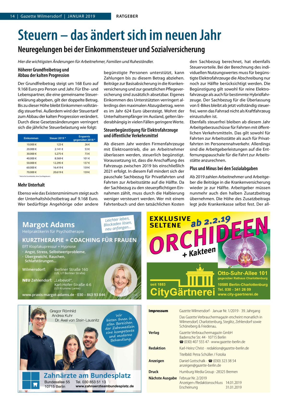 RATGEBER  14  |  Gazette Wilmersdorf  |  Januar 2019  Steuern – das ändert sich im neuen Jahr Neuregelungen bei der Einkommensteuer und Sozialversicherung Hier die wichtigsten Änderungen für Arbeitnehmer, Familien und Ruheständler.  Höherer Grundfreibetrag und Abbau der kalten Progression Der Grundfreibetrag steigt um 168 Euro auf 9.168 Euro pro Person und Jahr. Für Ehe- und Lebenspartner, die eine gemeinsame Steuererklärung abgeben, gilt der doppelte Betrag. Bis zu dieser Höhe bleibt Einkommen vollständig steuerfrei. Außerdem wird der Steuertarif zum Abbau der kalten Progression verändert. Durch diese Gesetzesänderungen verringert sich die jährliche Steuerbelastung wie folgt: Einkommen  Steuer 2019 *  Ersparnis gegenüber 2018 *  10.000 €  123 €  26 €  20.000 €  2.141 €  53 €  30.000 €  5.275 €  73 €  40.000 €  8.569 €  101 € 137 €  50.000 €  12.295 €  60.000 €  16.419 €  159 €  70.000 €  20.619 €  159 €  * Werte für Grundtabelle, ohne Zuschlagsteuern  Mehr Unterhalt Ebenso wie das Existenzminimum steigt auch der Unterhaltshöchstbetrag auf 9.168 Euro. Wer bedürftige Angehörige oder andere  Margot Adams  Heilpraktikerin für Psychotherapie  begünstigte Personen unterstützt, kann Zahlungen bis zu diesem Betrag abziehen. Beiträge zur Basisabsicherung in die Krankenversicherung und zur gesetzlichen Pflegeversicherung sind zusätzlich absetzbar. Eigenes Einkommen des Unterstützten verringert allerdings den maximalen Abzugsbetrag, wenn es im Jahr 624 Euro übersteigt. Wohnt der Unterhaltsempfänger im Ausland, gelten länderabhängig in vielen Fällen geringere Werte.  Steuerbegünstigung für Elektrofahrzeuge und öffentliche Verkehrsmittel Ab diesem Jahr werden Firmenfahrzeuge mit Elektroantrieb, die an Arbeitnehmer überlassen werden, steuerlich begünstigt. Voraussetzung ist, dass die Anschaffung des Fahrzeugs zwischen 2019 bis einschließlich 2021 erfolgt. In diesem Fall mindert sich der pauschale Sachbezug für Privatfahrten und Fahrten zur Arbeitsstätte auf die Hälfte. Da der Sachbezug zu den steuerpflichtigen Einnahmen zählt, muss durch die Halbierung weniger versteuert werden. Wer mit einem Fahrtenbuch und den tatsächlichen Kosten n, Leichter lebe sen, lö n de ka oc Bl ... neu anfangen  KURZTHERAPIE + COACHING FÜR FRAUEN EFT Klopfakupressur + Hypnose · Angst, Stress, Selbstwertprobleme, · Übergewicht, Rauchen, Schlafstörungen...  Wilmersdorf:  den Sachbezug berechnet, hat ebenfalls Steuervorteile. Bei der Berechnung des individuellen Nutzungswertes muss für begünstigte Elektrofahrzeuge die Abschreibung nur noch zur Hälfte berücksichtigt werden. Die Begünstigung gilt sowohl für reine Elektrofahrzeuge als auch für bestimmte Hybridfahrzeuge. Der Sachbezug für die Überlassung von E-Bikes bleibt ab jetzt vollständig steuerfrei, wenn das Fahrrad nicht als Kraftfahrzeug einzustufen ist. Ebenfalls steuerfrei bleiben ab diesem Jahr Arbeitgeberzuschüsse für Fahrten mit öffentlichen Verkehrsmitteln. Das gilt sowohl für Fahrten zur Arbeitsstätte als auch für Privatfahrten im Personennahverkehr. Allerdings sind die Arbeitgeberleistungen auf die Entfernungspauschale für die Fahrt zur Arbeitsstätte anzurechnen.  Plus und Minus bei den Sozialabgaben Ab 2019 zahlen Arbeitnehmer und Arbeitgeber die Beiträge in die Krankenversicherung wieder je zur Hälfte. Arbeitgeber müssen nunmehr auch den halben Zusatzbeitrag übernehmen. Die Höhe des Zusatzbeitrags legt jede Krankenkasse selbst fest. Der all N E E D I H C  EXKLUSIVE .2.19 SELTENE ab 2  OR  en + Kakte  Berliner Straße 160  Otto-Suhr-Allee 101  (U9, U7 Berliner Straße)  gegenüber Rathaus Charlottenburg  NEU Zehlendorf: „Lebevoll“, Karl-Hofer-Straße 4-6  seit 1883  CityGärtnerei  (U3 Krumme Lanke)  www.praxis-margot-adams.de · 030 – 863 93 844  Gregor Römhild Andrea Kuhr Dr. Axel von Stein-Lausnitz  Wir in bieten Ihnen en allen Bereich izin der Zahnmed nte eine kompete und moderne . Behandlung  Zahnärzte am Bundesplatz Bundesallee 55 10715 Berlin  Tel. 030 853 51 13  www.zahnaerzteambundesplatz.de  Impressum	  10585 Berlin-Charlottenburg Tel. 030 - 341 26 09 www.city-gaertnerei.de  Gazette Wilmersdorf ·  Januar Nr. 1/2019 ·  39. Jahrgang Das Gazette Verbrauchermagazin erscheint monatlich in Wilmersdorf, Charlottenburg, Steglitz, Zehlendorf sowie Schöneberg & Friedenau.  Verlag	  Gazette Verbrauchermagazin GmbH Badensche Str. 44 · 10715 Berlin ☎ (030) 407 555 47 · www.gazette-berlin.de  Redaktion	  Karl-Heinz Christ ·  redaktion@gazette-berlin.de  	  Titelbild: Petra Schüller / Fotolia  Anzeigen	  Daniel Gottschalk ·  ☎ (030) 323 38 54 anzeigen@gazette-berlin.de  Druck	  Humburg Media Group · 28325 Bremen  Nächste Ausgabe	 Februar Nr. 2/2019 Anzeigen-/Redaktionsschluss	14.01.2019 Erscheinung	31.01.2019