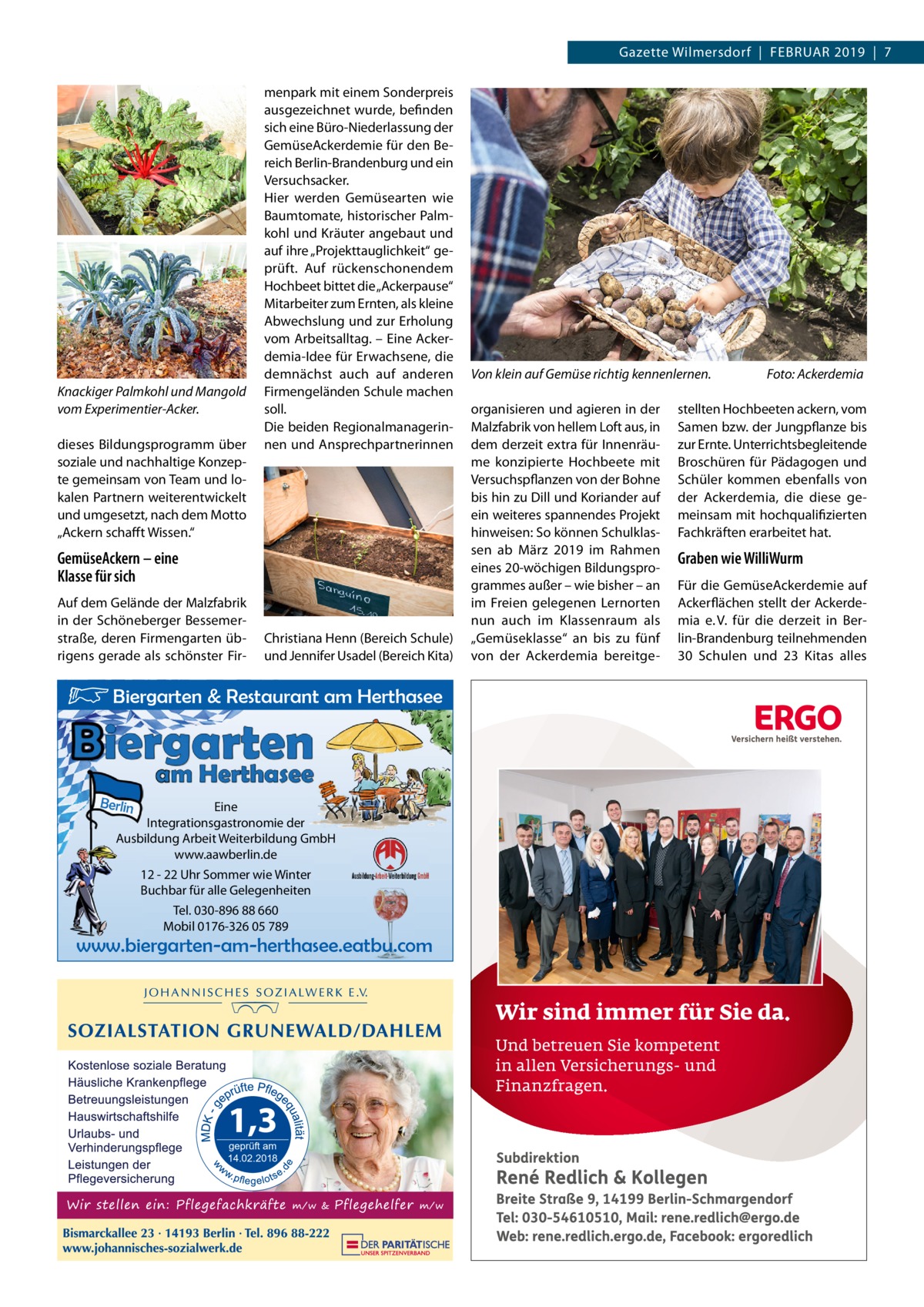 Gazette Wilmersdorf  |  Februar 2019  |  7  Knackiger Palmkohl und Mangold vom Experimentier-Acker. dieses Bildungsprogramm über soziale und nachhaltige Konzepte gemeinsam von Team und lokalen Partnern weiterentwickelt und umgesetzt, nach dem Motto „Ackern schafft Wissen.“  menpark mit einem Sonderpreis ausgezeichnet wurde, befinden sich eine Büro-Niederlassung der GemüseAckerdemie für den Bereich Berlin-Brandenburg und ein Versuchsacker. Hier werden Gemüsearten wie Baumtomate, historischer Palmkohl und Kräuter angebaut und auf ihre „Projekttauglichkeit“ geprüft. Auf rückenschonendem Hochbeet bittet die „Ackerpause“ Mitarbeiter zum Ernten, als kleine Abwechslung und zur Erholung vom Arbeitsalltag. – Eine Ackerdemia-Idee für Erwachsene, die demnächst auch auf anderen Firmengeländen Schule machen soll. Die beiden Regionalmanagerinnen und Ansprechpartnerinnen  GemüseAckern – eine Klasse für sich Auf dem Gelände der Malzfabrik in der Schöneberger Bessemerstraße, deren Firmengarten übrigens gerade als schönster Fir Christiana Henn (Bereich Schule) und Jennifer Usadel (Bereich Kita)  ☞ Biergarten & Restaurant am Herthasee Eine Integrationsgastronomie der Ausbildung Arbeit Weiterbildung GmbH www.aawberlin.de 12 - 22 Uhr Sommer wie Winter Buchbar für alle Gelegenheiten Tel. 030-896 88 660 Mobil 0176-326 05 789  www.biergarten-am-herthasee.eatbu.com  geprüft am 14.02.2018  Von klein auf Gemüse richtig kennenlernen.� organisieren und agieren in der Malzfabrik von hellem Loft aus, in dem derzeit extra für Innenräume konzipierte Hochbeete mit Versuchspflanzen von der Bohne bis hin zu Dill und Koriander auf ein weiteres spannendes Projekt hinweisen: So können Schulklassen ab März 2019 im Rahmen eines 20-wöchigen Bildungsprogrammes außer – wie bisher – an im Freien gelegenen Lernorten nun auch im Klassenraum als „Gemüseklasse“ an bis zu fünf von der Ackerdemia bereitge Foto: Ackerdemia  stellten Hochbeeten ackern, vom Samen bzw. der Jungpflanze bis zur Ernte. Unterrichtsbegleitende Broschüren für Pädagogen und Schüler kommen ebenfalls von der Ackerdemia, die diese gemeinsam mit hochqualifizierten Fachkräften erarbeitet hat.  Graben wie WilliWurm Für die GemüseAckerdemie auf Ackerflächen stellt der Ackerdemia e. V. für die derzeit in Berlin-Brandenburg teilnehmenden 30 Schulen und 23 Kitas alles