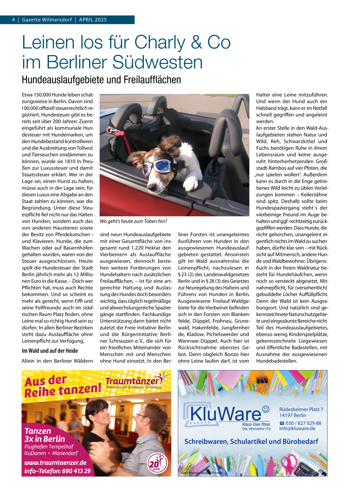 4  |  Gazette Wilmersdorf  |  April 2025  Leinen los für Charly & Co im Berliner Südwesten Hundeauslaufgebiete und Freilaufflächen Etwa 150.000 Hunde leben schätzungsweise in Berlin. Davon sind 100.000 offiziell steuerrechtlich registriert. Hundesteuer gibt es bereits seit über 200 Jahren: Zuerst eingeführt als kommunale Hundesteuer mit Hundemarken, um den Hundebestand kontrollieren und die Ausbreitung von Tollwut und Tierseuchen eindämmen zu können, wurde sie 1810 in Preußen zur Luxussteuer und damit Staatssteuer erklärt. Wer in der Lage sei, einen Hund zu halten, müsse auch in der Lage sein, für diesen Luxus eine Abgabe an den Staat zahlen zu können, war die Begründung. Unter diese Steuerpflicht fiel nicht nur das Halten von Hunden, sondern auch das von anderen Haustieren sowie der Besitz von Pferdekutschen – und Klavieren. Hunde, die zum Wachen oder auf Bauernhöfen gehalten wurden, waren von der Steuer ausgeschlossen. Heute spült die Hundesteuer der Stadt Berlin jährlich mehr als 12 Millionen Euro in die Kasse. – Doch wer Pflichten hat, muss auch Rechte bekommen. Und so scheint es mehr als gerecht, wenn Fiffi und seine Fellfreunde auch im städtischen Raum Platz finden, ohne Leine mal so richtig Hund sein zu dürfen. In allen Berliner Bezirken steht dazu Auslauffläche ohne Leinenpflicht zur Verfügung.  Im Wald und auf der Heide Allein in den Berliner Wäldern  Wo geht’s heute zum Toben hin? sind neun Hundeauslaufgebiete mit einer Gesamtfläche von insgesamt rund 1.220  Hektar den Vierbeinern als Auslauffläche ausgewiesen, dennoch bestehen weitere Forderungen von Hundehaltern nach zusätzlichen Freilaufflächen. – Ist für eine artgerechte Haltung und Auslastung des Hundes doch besonders wichtig, dass täglich regelmäßige und abwechslungsreiche Spaziergänge stattfinden. Fachkundige Unterstützung darin bietet nicht zuletzt die Freie Initiative Berlin und die Bürgerinitiative Berliner Schnauzen e. V., die sich für ein friedliches Miteinander von Menschen mit und Menschen ohne Hund einsetzt. In den Ber liner Forsten ist unangeleintes Ausführen von Hunden in den ausgewiesenen Hundeauslaufgebieten gestattet. Ansonsten gilt im Wald ausnahmslos die Leinenpflicht, nachzulesen in § 23 (2) des Landeswaldgesetzes Berlin und in § 28 (3) des Gesetzes zur Neuregelung des Haltens und Führens von Hunden in Berlin. Ausgewiesene Freilauf-Waldgebiete für die Vierbeiner befinden sich in den Forsten von Blankenfelde, Düppel, Frohnau, Grunewald, Hakenfelde, Jungfernheide, Kladow, Pichelswerder und Wannsee-Düppel. Auch hier ist Rücksichtnahme oberstes Gebot. Denn obgleich Bonzo hier ohne Leine laufen darf, ist vom  Halter eine Leine mitzuführen. Und wenn der Hund auch ein Halsband trägt, kann er im Notfall schnell gegriffen und angeleint werden. An erster Stelle in den Wald-Auslaufgebieten stehen Natur und Wild. Reh, Schwarzkittel und Fuchs benötigen Ruhe in ihrem Lebensraum und keine ausgeruht hinterherhetzenden Großstadt-Rambos auf vier Pfoten, die „nur spielen wollen“. Außerdem kann es durch in die Enge getriebenes Wild leicht zu üblen Verletzungen kommen – Keilerzähne sind spitz. Deshalb sollte beim Hundespaziergang steht´s der vierbeinige Freund im Auge behalten und ggf. rechtzeitig zurückgepfiffen werden. Dass Hunde, die nicht gehorchen, unangeleint eigentlich nichts im Wald zu suchen haben, dürfte klar sein – mit Rücksicht auf Mitmensch, andere Hunde und Waldbewohner. Übrigens: Auch in der freien Waldnatur besteht für Hundehäufchen, wenn noch so versteckt abgesetzt, Mitnahmepflicht, für (versehentlich) gebuddelte Löcher Auffüllpflicht. Denn der Wald ist kein Ausgrabungsort. Und natürlich sind gekennzeichnete Naturschutzgebiete und eingezäunte Bereiche nicht Teil des Hundeauslaufgebietes, ebenso wenig Kinderspielplätze, gekennzeichnete Liegewiesen und öffentliche Badestellen, mit Ausnahme der ausgewiesenen Hundebadestellen.  Rüdesheimer Platz 7 14197 Berlin Klaus-Uwe Ittner  Dipl. Informatiker (TU)  ☎ 030 / 827 029 88 info@kluware.de  Schreibwaren, Schulartikel und Bürobedarf  Foto: Romolo Tavani / Fotolia