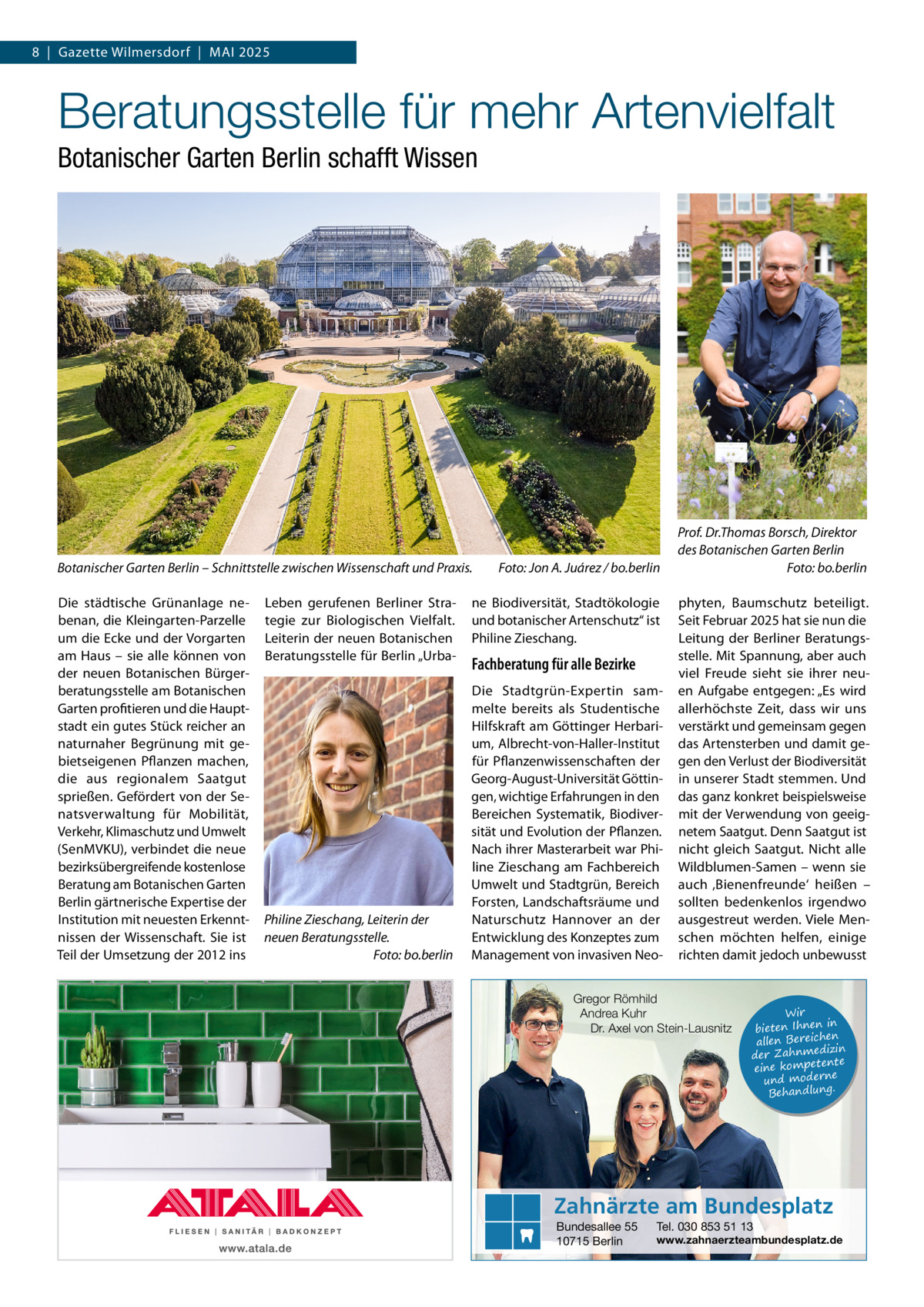 8  |  Gazette Wilmersdorf  |  Mai 2025  Beratungsstelle für mehr Artenvielfalt Botanischer Garten Berlin schafft Wissen  Botanischer Garten Berlin – Schnittstelle zwischen Wissenschaft und Praxis.� Die städtische Grünanlage nebenan, die Kleingarten-Parzelle um die Ecke und der Vorgarten am Haus – sie alle können von der neuen Botanischen Bürgerberatungsstelle am Botanischen Garten profitieren und die Hauptstadt ein gutes Stück reicher an naturnaher Begrünung mit gebietseigenen Pflanzen machen, die aus regionalem Saatgut sprießen. Gefördert von der Senatsverwaltung für Mobilität, Verkehr, Klimaschutz und Umwelt (SenMVKU), verbindet die neue bezirksübergreifende kostenlose Beratung am Botanischen Garten Berlin gärtnerische Expertise der Institution mit neuesten Erkenntnissen der Wissenschaft. Sie ist Teil der Umsetzung der 2012 ins  Leben gerufenen Berliner Strategie zur Biologischen Vielfalt. Leiterin der neuen Botanischen Beratungsstelle für Berlin „Urba Philine Zieschang, Leiterin der neuen Beratungsstelle. � Foto: bo.berlin  Foto: Jon A. Juárez / bo.berlin  ne Biodiversität, Stadtökologie und botanischer Artenschutz“ ist Philine Zieschang.  Fachberatung für alle Bezirke Die Stadtgrün-Expertin sammelte bereits als Studentische Hilfskraft am Göttinger Herbarium, Albrecht-von-Haller-Institut für Pflanzenwissenschaften der Georg-August-Universität Göttingen, wichtige Erfahrungen in den Bereichen Systematik, Biodiversität und Evolution der Pflanzen. Nach ihrer Masterarbeit war Philine Zieschang am Fachbereich Umwelt und Stadtgrün, Bereich Forsten, Landschaftsräume und Naturschutz Hannover an der Entwicklung des Konzeptes zum Management von invasiven Neo Prof. Dr.Thomas Borsch, Direktor des Botanischen Garten Berlin � Foto: bo.berlin phyten, Baumschutz beteiligt. Seit Februar 2025 hat sie nun die Leitung der Berliner Beratungsstelle. Mit Spannung, aber auch viel Freude sieht sie ihrer neuen Aufgabe entgegen: „Es wird allerhöchste Zeit, dass wir uns verstärkt und gemeinsam gegen das Artensterben und damit gegen den Verlust der Biodiversität in unserer Stadt stemmen. Und das ganz konkret beispielsweise mit der Verwendung von geeignetem Saatgut. Denn Saatgut ist nicht gleich Saatgut. Nicht alle Wildblumen-Samen – wenn sie auch ‚Bienenfreunde‘ heißen – sollten bedenkenlos irgendwo ausgestreut werden. Viele Menschen möchten helfen, einige richten damit jedoch unbewusst  Gregor Römhild Andrea Kuhr Dr. Axel von Stein-Lausnitz  Wir in bieten Ihnen en allen Bereich izin der Zahnmed nte eine kompete und moderne . Behandlung  Zahnärzte am Bundesplatz Bundesallee 55 10715 Berlin  Tel. 030 853 51 13  www.zahnaerzteambundesplatz.de