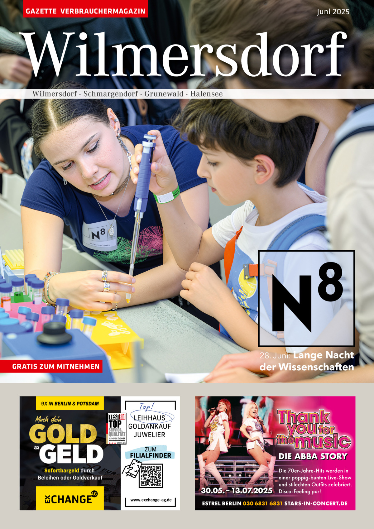 GAZETTE VERBRAUCHERMAGAZIN  Juni 2025  Wilmersdorf Wilmersdorf · Schmargendorf · Grunewald · Halensee  28. Juni: Lange  GRATIS ZUM MITNEHMEN  Nacht der Wissenschaften