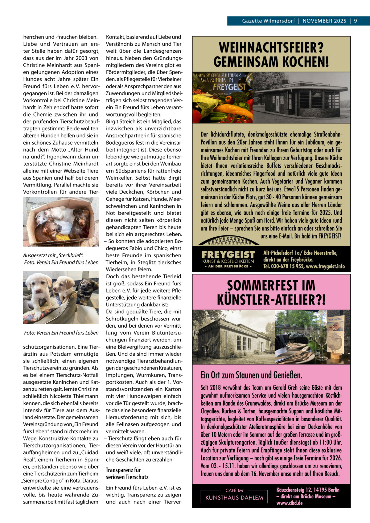 Gazette Wilmersdorf  |  November 2025  |  9 herrchen und -frauchen bleiben. Liebe und Vertrauen an erster Stelle haben dafür gesorgt, dass aus der im Jahr 2003 von Christine Meinhardt aus Spanien gelungenen Adoption eines Hundes acht Jahre später Ein Freund fürs Leben e. V. hervorgegangen ist. Bei der damaligen Vorkontrolle bei Christine Meinhardt in Zehlendorf hatte sofort die Chemie zwischen ihr und der prüfenden Tierschutzbeauftragten gestimmt: Beide wollten älteren Hunden helfen und sie in ein schönes Zuhause vermitteln nach dem Motto „Alter Hund, na und?“. Irgendwann dann unterstützte Christine Meinhardt alleine mit einer Webseite Tiere aus Spanien und half bei deren Vermittlung. Parallel machte sie Vorkontrollen für andere Tier Ausgesetzt mit „Steckbrief“. �Foto: Verein Ein Freund fürs Leben  �Foto: Verein Ein Freund fürs Leben schutzorganisationen. Eine Tierärztin aus Potsdam ermutigte sie schließlich, einen eigenen Tierschutzverein zu gründen. Als es bei einem Tierschutz-Notfall ausgesetzte Kaninchen und Katzen zu retten galt, lernte Christine schließlich Nicoletta Thielmann kennen, die sich ebenfalls bereits intensiv für Tiere aus dem Ausland einsetzte. Der gemeinsamen Vereinsgründung von „Ein Freund fürs Leben“ stand nichts mehr im Wege. Konstruktive Kontakte zu Tierschutzorganisationen, Tierauffangheimen und zu „Cuidad Real“, einem Tierheim in Spanien, entstanden ebenso wie über eine Tierschützerin zum Tierheim „Siempre Contigo“ in Rota. Daraus entwickelte sie eine vertrauensvolle, bis heute währende Zusammenarbeit mit fast täglichem  Kontakt, basierend auf Liebe und Verständnis zu Mensch und Tier weit über die Landesgrenzen hinaus. Neben den Gründungsmitgliedern des Vereins gibt es Fördermitglieder, die über Spenden, als Pflegestelle für Vierbeiner oder als Ansprechpartner den aus Zuwendungen und Mitgliedsbeiträgen sich selbst tragenden Verein Ein Freund fürs Leben verantwortungsvoll begleiten. Birgit Streich ist ein Mitglied, das inzwischen als unverzichtbare Ansprechpartnerin für spanische Bodegueros fest in die Vereinsarbeit integriert ist. Diese ebenso lebendige wie gutmütige Terrierart sorgte einst bei den Weinbauern Südspaniens für rattenfreie Weinkeller. Selbst hatte Birgit bereits vor ihrer Vereinsarbeit viele Deckchen, Körbchen und Gehege für Katzen, Hunde, Meerschweinchen und Kaninchen in Not bereitgestellt und bietet diesen nicht selten körperlich gehandicapten Tieren bis heute bei sich ein artgerechtes Leben. – So konnten die adoptierten Bodegueros Fabio und Chico, einst beste Freunde im spanischen Tierheim, in Steglitz tierisches Wiedersehen feiern. Doch das bestehende Tierleid ist groß, sodass Ein Freund fürs Leben e. V. für jede weitere Pflegestelle, jede weitere finanzielle Unterstützung dankbar ist: Da sind gequälte Tiere, die mit Schrotkugeln beschossen wurden, und bei denen vor Vermittlung vom Verein Blutuntersuchungen finanziert werden, um eine Bleivergiftung auszuschließen. Und da sind immer wieder notwendige Tierarztbehandlungen der geschundenen Kreaturen, Impfungen, Wurmkuren, Transportkosten. Auch als der 1. Vorstandsvorsitzenden ein Karton mit vier Hundewelpen einfach vor die Tür gestellt wurde, brachte das eine besondere finanzielle Herausforderung mit sich, bis alle Fellnasen aufgezogen und vermittelt waren. – Tierschutz fängt eben auch für diesen Verein vor der Haustür an und weiß viele, oft unverständliche Geschichten zu erzählen.  Transparenz für seriösen Tierschutz Ein Freund fürs Leben e. V. ist es wichtig, Transparenz zu zeigen und auch nach einer Tierve