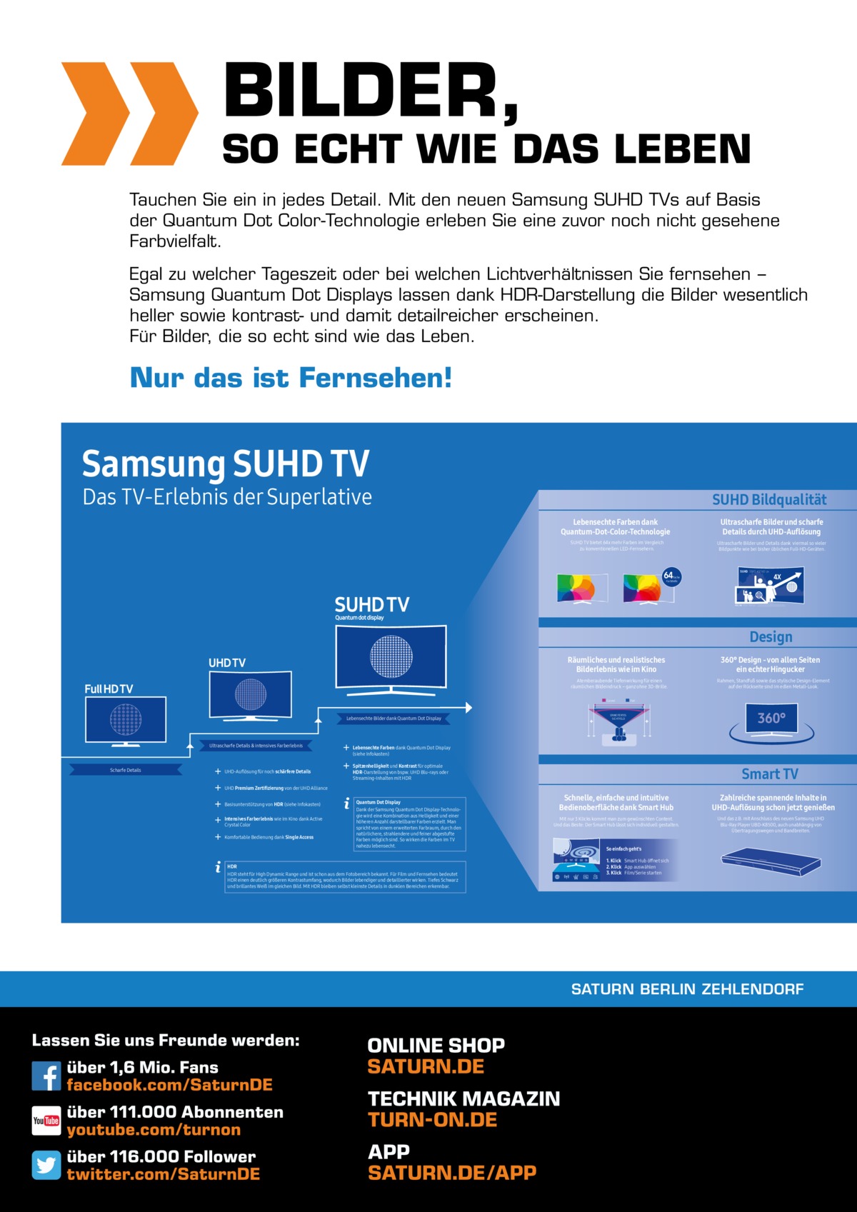 BILDER,  SO ECHT WIE DAS LEBEN Tauchen Sie ein in jedes Detail. Mit den neuen Samsung SUHD TVs auf Basis der Quantum Dot Color-Technologie erleben Sie eine zuvor noch nicht gesehene Farbvielfalt. Egal zu welcher Tageszeit oder bei welchen Lichtverhältnissen Sie fernsehen − Samsung Quantum Dot Displays lassen dank HDR-Darstellung die Bilder wesentlich heller sowie kontrast- und damit detailreicher erscheinen. Für Bilder, die so echt sind wie das Leben.  Nur das ist Fernsehen!  Samsung SUHD TV  Das TV-Erlebnis der Superlative  SUHD Bildqualität Lebensechte Farben dank Quantum-Dot-Color-Technologie SUHD TV bietet 64x mehr Farben im Vergleich zu konventionellen LED-Fernsehern.  Ultrascharfe Bilder und scharfe Details durch UHD-Auﬂösung Ultrascharfe Bilder und Details dank viermal so vieler Bildpunkte wie bei bisher üblichen Full-HD-Geräten.  64  SUHD 3840 x 2160 px  fache Farbtiefe  4X  FULL HD 1920 x 1080 px  Design Räumliches und realistisches Bilderlebnis wie im Kino Atemberaubende Tiefenwirkung für einen räumlichen Bildeindruck – ganz ohne 3D-Brille. Curved  Lebensechte Bilder dank Quantum Dot Display  Ultrascharfe Details & intensives Farberlebnis  Scharfe Details  UHD-Auﬂösung für noch schärfere Details  360° Design - von allen Seiten ein echter Hingucker Rahmen, Standfuß sowie das stylische Design-Element auf der Rückseite sind im edlen Metall-Look.  Flat  ERWEITERTES SICHTFELD  360°  Lebensechte Farben dank Quantum Dot Display (siehe Infokasten) Spitzenhelligkeit und Kontrast für optimale HDR-Darstellung von bspw. UHD Blu-rays oder Streaming-Inhalten mit HDR  Smart TV  UHD Premium Zertiﬁzierung von der UHD Alliance Basisunterstützung von HDR (siehe Infokasten) Intensives Farberlebnis wie im Kino dank Active Crystal Color Komfortable Bedienung dank Single Access  Quantum Dot Display Dank der Samsung Quantum Dot Display-Technologie wird eine Kombination aus Helligkeit und einer höheren Anzahl darstellbarer Farben erzielt. Man spricht von einem erweiterten Farbraum, durch den natürlichere, strahlendere und feiner abgestufte Farben möglich sind. So wirken die Farben im TV nahezu lebensecht.  HDR HDR steht für High Dynamic Range und ist schon aus dem Fotobereich bekannt. Für Film und Fernsehen bedeutet HDR einen deutlich größeren Kontrastumfang, wodurch Bilder lebendiger und detaillierter wirken. Tiefes Schwarz und brillantes Weiß im gleichen Bild. Mit HDR bleiben selbst kleinste Details in dunklen Bereichen erkennbar.  Schnelle, einfache und intuitive Bedienoberﬂäche dank Smart Hub Mit nur 3 Klicks kommt man zum gewünschten Content. Und das Beste: Der Smart Hub lässt sich individuell gestalten.  Zahlreiche spannende Inhalte in UHD-Auﬂösung schon jetzt genießen Und das z.B. mit Anschluss des neuen Samsung UHD Blu-Ray Player UBD-K8500, auch unabhängig von Übertragungswegen und Bandbreiten.  So einfach geht's 1. Klick Smart Hub öffnet sich 2. Klick App auswählen 3. Klick Film/Serie starten  SATURN BERLIN ZEHLENDORF