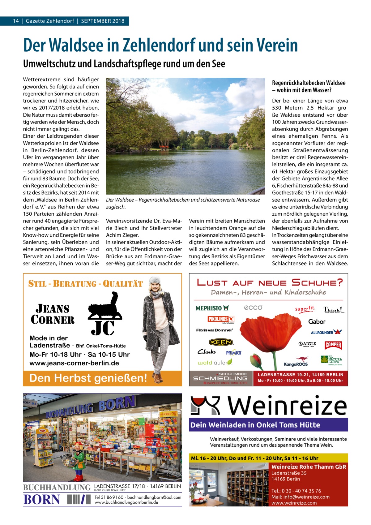 14  |  Gazette Zehlendorf  |  September 2018  Der Waldsee in Zehlendorf und sein Verein Umweltschutz und Landschaftspflege rund um den See Wetterextreme sind häufiger geworden. So folgt da auf einen regenreichen Sommer ein extrem trockener und hitzereicher, wie wir es 2017/2018 erlebt haben. Die Natur muss damit ebenso fertig werden wie der Mensch, doch nicht immer gelingt das. Einer der Leidtragenden dieser Wetterkapriolen ist der Waldsee in Berlin-Zehlendorf, dessen Ufer im vergangenen Jahr über mehrere Wochen überflutet war – schädigend und todbringend für rund 83 Bäume. Doch der See, ein Regenrückhaltebecken in Besitz des Bezirks, hat seit 2014 mit dem „Waldsee in Berlin-Zehlendorf e. V.“ aus Reihen der etwa 150  Parteien zählenden Anrainer rund 40 engagierte Fürsprecher gefunden, die sich mit viel Know-how und Energie für seine Sanierung, sein Überleben und eine artenreiche Pflanzen- und Tierwelt an Land und im Wasser einsetzen, ihnen voran die  Regenrückhaltebecken Waldsee – wohin mit dem Wasser?  Der Waldsee – Regenrückhaltebecken und schützenswerte Naturoase zugleich. Vereinsvorsitzende Dr. Eva-Marie Blech und ihr Stellvertreter Achim Zieger. In seiner aktuellen Outdoor-Aktion, für die Öffentlichkeit von der Brücke aus am Erdmann-Graeser-Weg gut sichtbar, macht der  stil - beratung - qualitÄt  jeans corner  jc  Mode in der Ladenstraße · Bhf. Onkel-Toms-Hütte Mo-Fr 10-18 Uhr · Sa 10-15 Uhr www.jeans-corner-berlin.de  Den Herbst genießen!  BUCHHANDLUNG  BORN  LADENSTRASSE 17/18 · 14169 BERLIN U-BHF. ONKEL TOMS HÜTTE  Tel 31 86 91 60 · buchhandlungborn@aol.com www.buchhandlungbornberlin.de  Verein mit breiten Manschetten in leuchtendem Orange auf die so gekennzeichneten 83 geschädigten Bäume aufmerksam und will zugleich an die Verantwortung des Bezirks als Eigentümer des Sees appellieren.  Der bei einer Länge von etwa 530  Metern 2,5  Hektar große Waldsee entstand vor über 100 Jahren zwecks Grundwasser­ absenkung durch Abgrabungen eines ehemaligen Fenns. Als sogenannter Vorfluter der regionalen Straßenentwässerung besitzt er drei Regenwassereinleitstellen, die ein insgesamt ca. 61 Hektar großes Einzugsgebiet der Gebiete Argentinische Allee 6, Fischerhüttenstraße 84a-88 und Goethestraße 15-17 in den Waldsee entwässern. Außerdem gibt es eine unterirdische Verbindung zum nördlich gelegenen Vierling, der ebenfalls zur Aufnahme von Niederschlagsabläufen dient. In Trockenzeiten gelangt über eine wasserstandabhängige Einleitung in Höhe des Erdmann-Graeser-Weges Frisch­wasser aus dem Schlachtensee in den Waldsee.