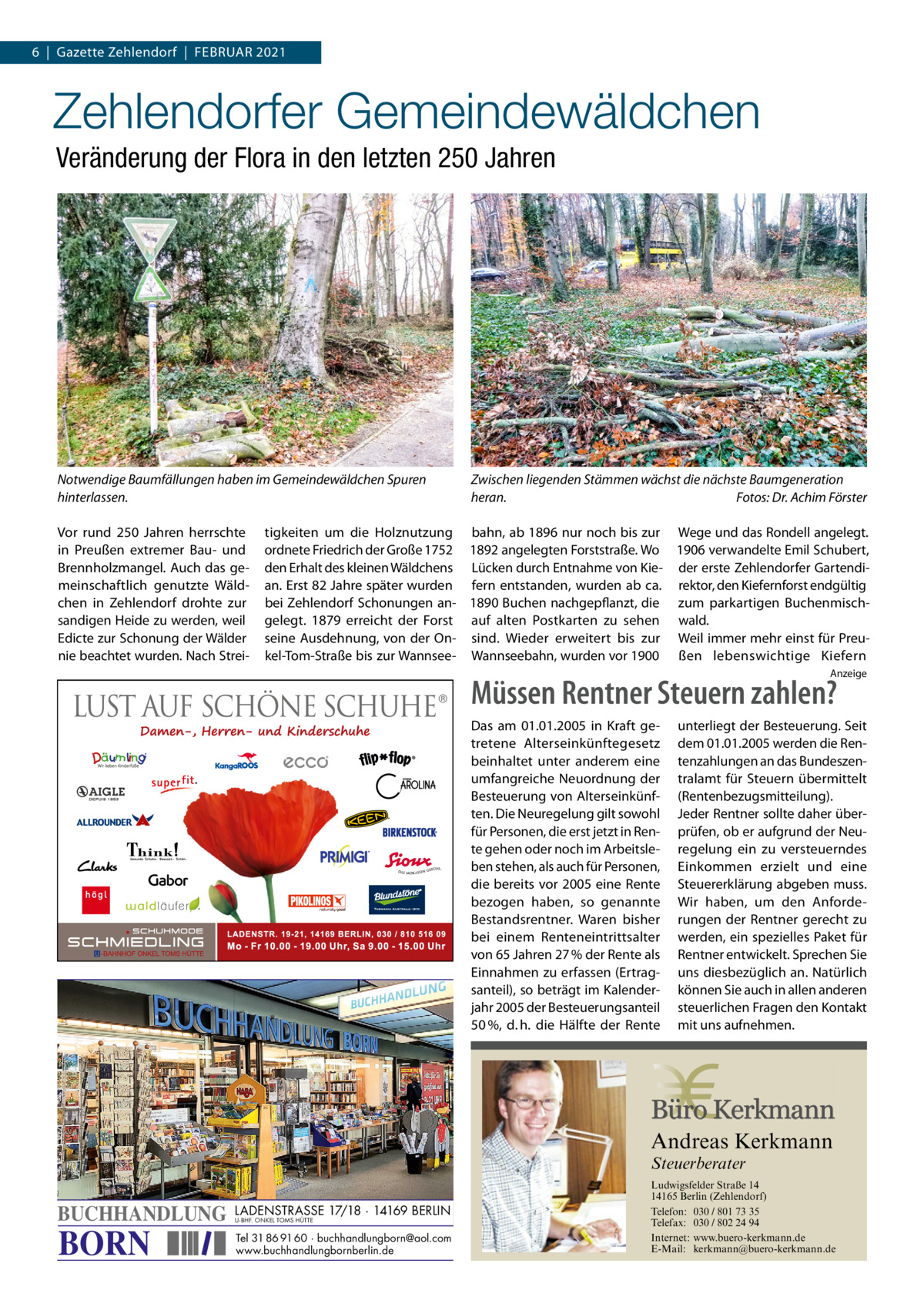 6  |  Gazette Zehlendorf  |  Februar 2021  Zehlendorfer Gemeindewäldchen Veränderung der Flora in den letzten 250 Jahren  Notwendige Baumfällungen haben im Gemeindewäldchen Spuren hinterlassen. Vor rund 250 Jahren herrschte in Preußen extremer Bau- und Brennholzmangel. Auch das gemeinschaftlich genutzte Wäldchen in Zehlendorf drohte zur sandigen Heide zu werden, weil Edicte zur Schonung der Wälder nie beachtet wurden. Nach Strei Zwischen liegenden Stämmen wächst die nächste Baumgeneration heran.� Fotos: Dr. Achim Förster  tigkeiten um die Holznutzung bahn, ab 1896 nur noch bis zur Wege und das Rondell angelegt. ordnete Friedrich der Große 1752 1892 angelegten Forststraße. Wo 1906 verwandelte Emil Schubert, den Erhalt des kleinen Wäldchens Lücken durch Entnahme von Kie- der erste Zehlendorfer Gartendian. Erst 82 Jahre später wurden fern entstanden, wurden ab ca. rektor, den Kiefernforst endgültig bei Zehlendorf Schonungen an- 1890 Buchen nachgepflanzt, die zum parkartigen Buchenmischgelegt. 1879 erreicht der Forst auf alten Postkarten zu sehen wald. seine Ausdehnung, von der On- sind. Wieder erweitert bis zur Weil immer mehr einst für Preukel-Tom-Straße bis zur Wannsee- Wannseebahn, wurden vor 1900 ßen lebenswichtige Kiefern Anzeige  Müssen Rentner Steuern zahlen? Das am 01.01.2005 in Kraft getretene Alterseinkünftegesetz beinhaltet unter anderem eine umfangreiche Neuordnung der Besteuerung von Alterseinkünften. Die Neuregelung gilt sowohl für Personen, die erst jetzt in Rente gehen oder noch im Arbeitsleben stehen, als auch für Personen, die bereits vor 2005 eine Rente bezogen haben, so genannte Bestandsrentner. Waren bisher bei einem Renteneintrittsalter von 65 Jahren 27 % der Rente als Einnahmen zu erfassen (Ertragsanteil), so beträgt im Kalenderjahr 2005 der Besteuerungsanteil 50 %, d. h. die Hälfte der Rente  unterliegt der Besteuerung. Seit dem 01.01.2005 werden die Rentenzahlungen an das Bundeszentralamt für Steuern übermittelt (Rentenbezugsmitteilung). Jeder Rentner sollte daher überprüfen, ob er aufgrund der Neuregelung ein zu versteuerndes Einkommen erzielt und eine Steuererklärung abgeben muss. Wir haben, um den Anforderungen der Rentner gerecht zu werden, ein spezielles Paket für Rentner entwickelt. Sprechen Sie uns diesbezüglich an. Natürlich können Sie auch in allen anderen steuerlichen Fragen den Kontakt mit uns aufnehmen.  Andreas Kerkmann Steuerberater  BUCHHANDLUNG  BORN  LADENSTRASSE 17/18 · 14169 BERLIN U-BHF. ONKEL TOMS HÜTTE  Tel 31 86 91 60 · buchhandlungborn@aol.com www.buchhandlungbornberlin.de Foto: Denis Junker / Fotolia  Ludwigsfelder Straße 14 14165 Berlin (Zehlendorf) Telefon: 030 / 801 73 35 Telefax: 030 / 802 24 94 Internet: www.buero-kerkmann.de E-Mail: kerkmann@buero-kerkmann.de Mandantenportal https://buero-kerkmann.portalbereich.de