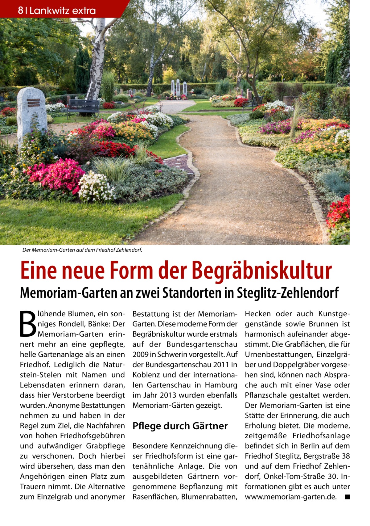 8 Lankwitz extra  Der Memoriam-Garten auf dem Friedhof Zehlendorf.  Eine neue Form der Begräbniskultur  Memoriam-Garten an zwei Standorten in Steglitz-Zehlendorf  B  lühende Blumen, ein sonniges Rondell, Bänke: Der Memoriam-Garten erinnert mehr an eine gepflegte, helle Gartenanlage als an einen Friedhof. Lediglich die Naturstein-Stelen mit Namen und Lebensdaten erinnern daran, dass hier Verstorbene beerdigt wurden. Anonyme Bestattungen nehmen zu und haben in der Regel zum Ziel, die Nachfahren von hohen Friedhofsgebühren und aufwändiger Grabpflege zu verschonen. Doch hierbei wird übersehen, dass man den Angehörigen einen Platz zum Trauern nimmt. Die Alternative zum Einzelgrab und anonymer  Bestattung ist der MemoriamGarten. Diese moderne Form der Begräbniskultur wurde erstmals auf der Bundesgartenschau 2009 in Schwerin vorgestellt. Auf der Bundesgartenschau 2011 in Koblenz und der internationalen Gartenschau in Hamburg im Jahr 2013 wurden ebenfalls Memoriam-Gärten gezeigt.  Pflege durch Gärtner Besondere Kennzeichnung dieser Friedhofsform ist eine gartenähnliche Anlage. Die von ausgebildeten Gärtnern vorgenommene Bepflanzung mit Rasenflächen, Blumenrabatten,  Hecken oder auch Kunstgegenstände sowie Brunnen ist harmonisch aufeinander abgestimmt. Die Grabflächen, die für Urnenbestattungen, Einzelgräber und Doppelgräber vorgesehen sind, können nach Absprache auch mit einer Vase oder Pflanzschale gestaltet werden. Der Memoriam-Garten ist eine Stätte der Erinnerung, die auch Erholung bietet. Die moderne, zeitgemäße Friedhofsanlage befindet sich in Berlin auf dem Friedhof Steglitz, Bergstraße 38 und auf dem Friedhof Zehlendorf, Onkel-Tom-Straße 30. Informationen gibt es auch unter www.memoriam-garten.de. � ◾